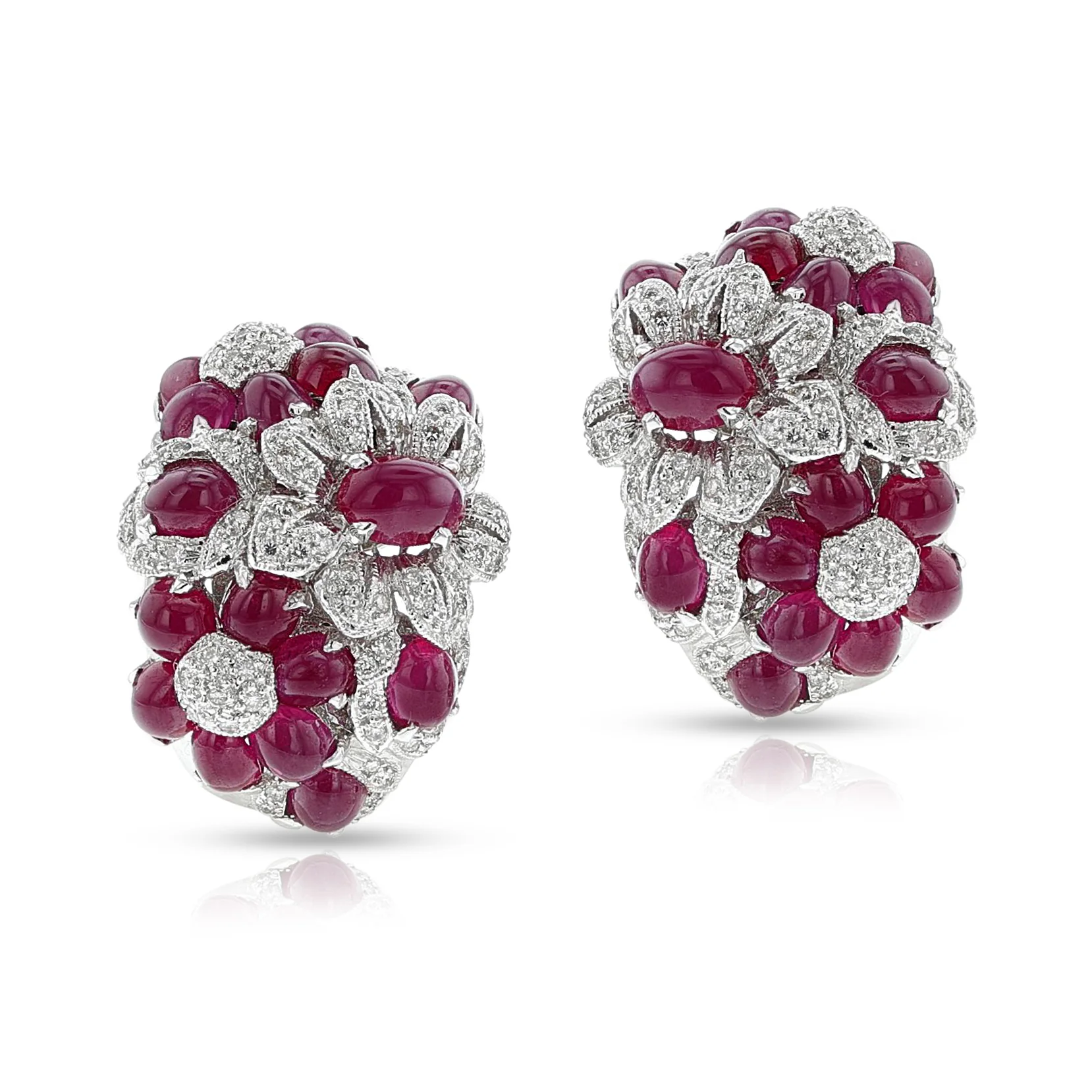 Ruby and Diamond Flower Cluster Earrings, 18k