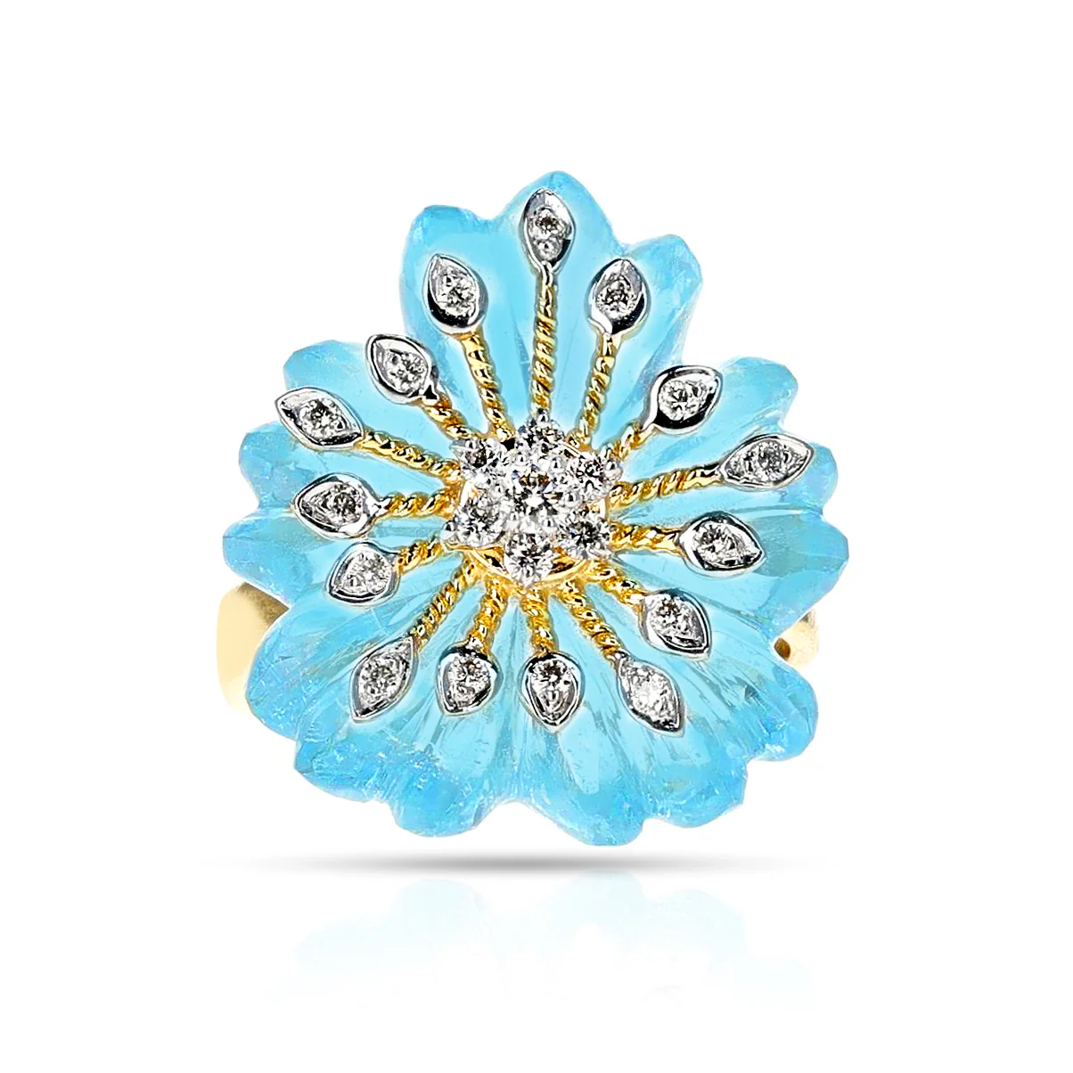 Blue Topaz Carved Floral Ring with 14k Gold and Diamonds