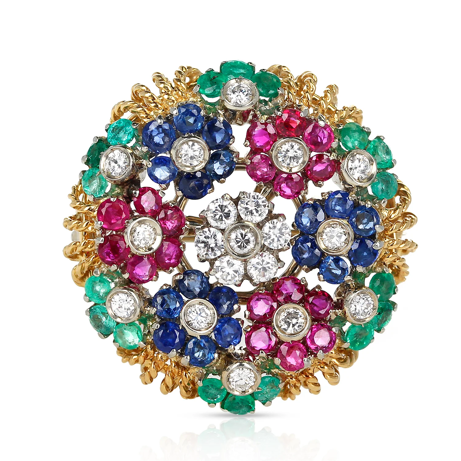 Ruby, Sapphire, Emerald and Diamond Circular Floral Design Brooch, 14k Gold