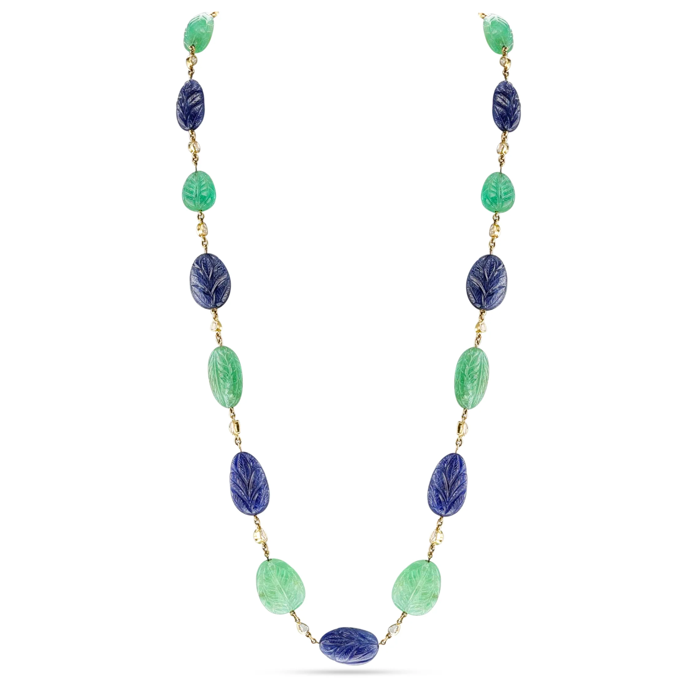 Carved Emerald and Sapphire with Diamond Necklace, 18k Yellow