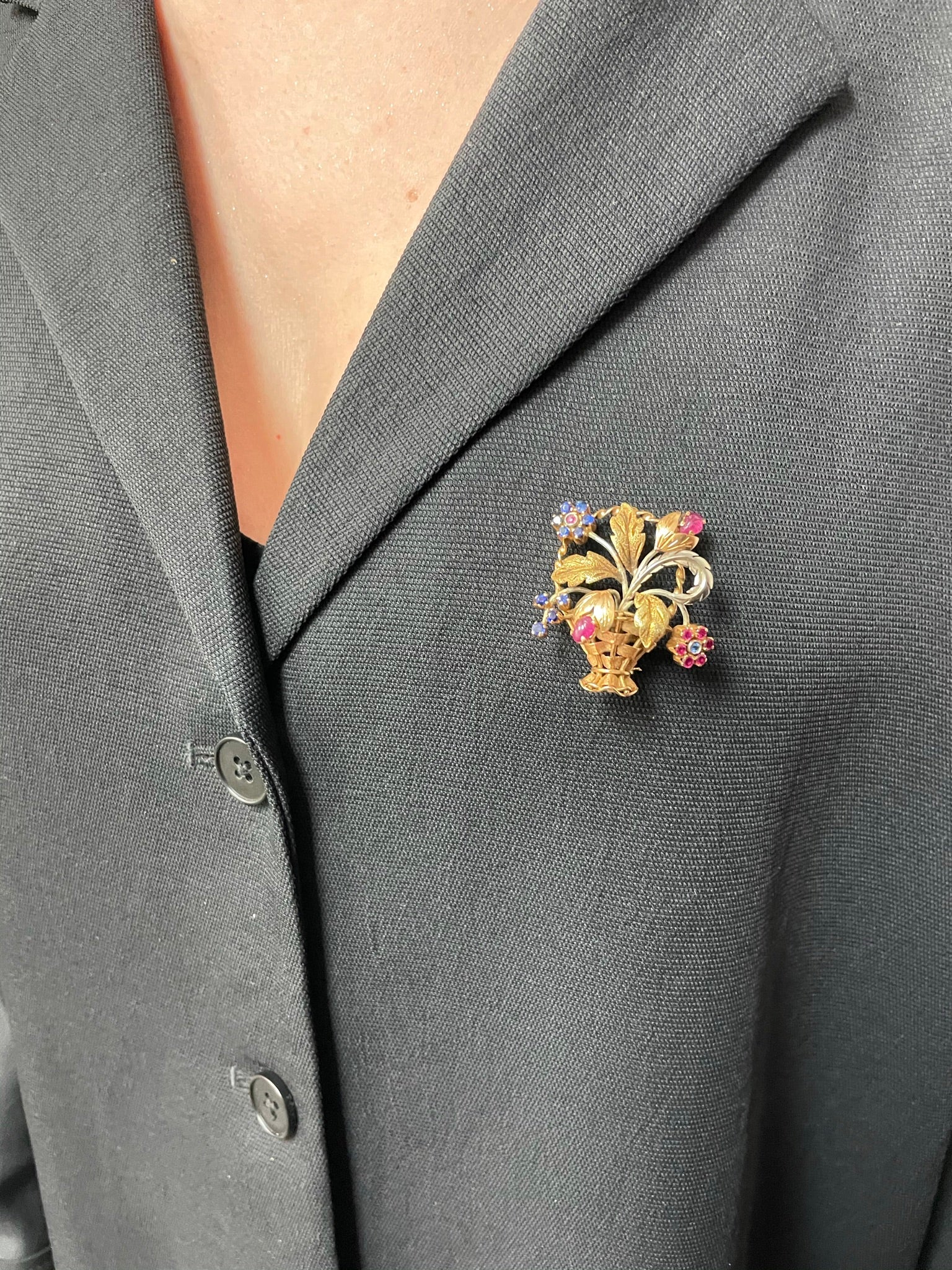 Cartier Ruby and Sapphire Flower Bouquet Brooch, 18 Karat Two Tone Gold