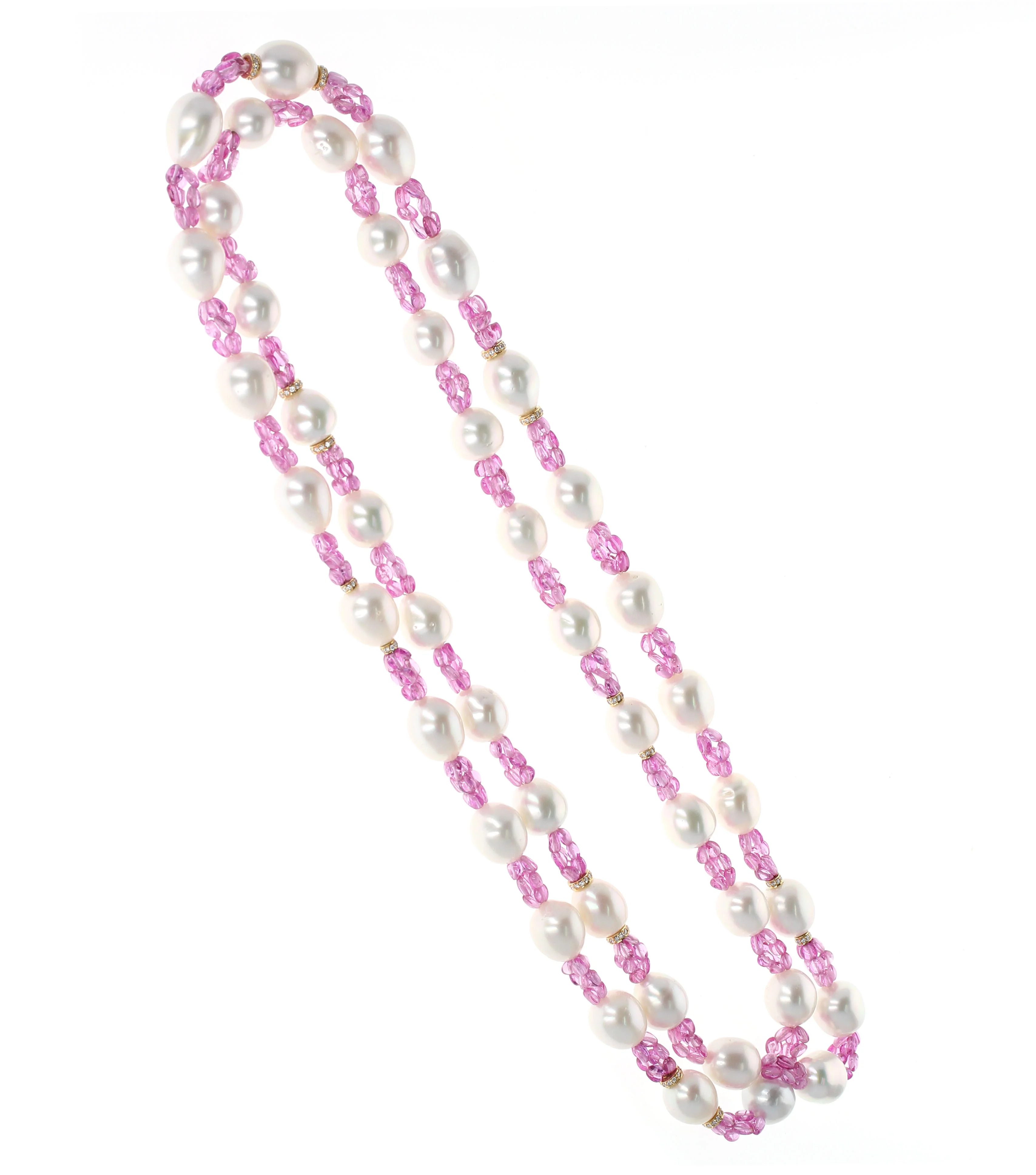 South Sea Pearl, Pink Sapphire, and Diamond & Gold Roundels Beads Necklace