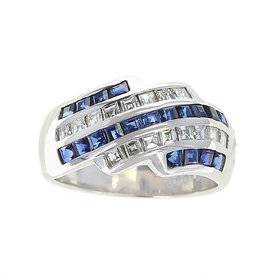 Five Row Linear Patterned Invisibly Set Sapphire and Diamond Ring, Platinum