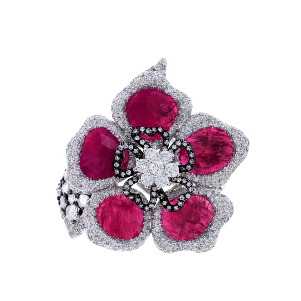 Ruby Petals and Diamond Floral Ring