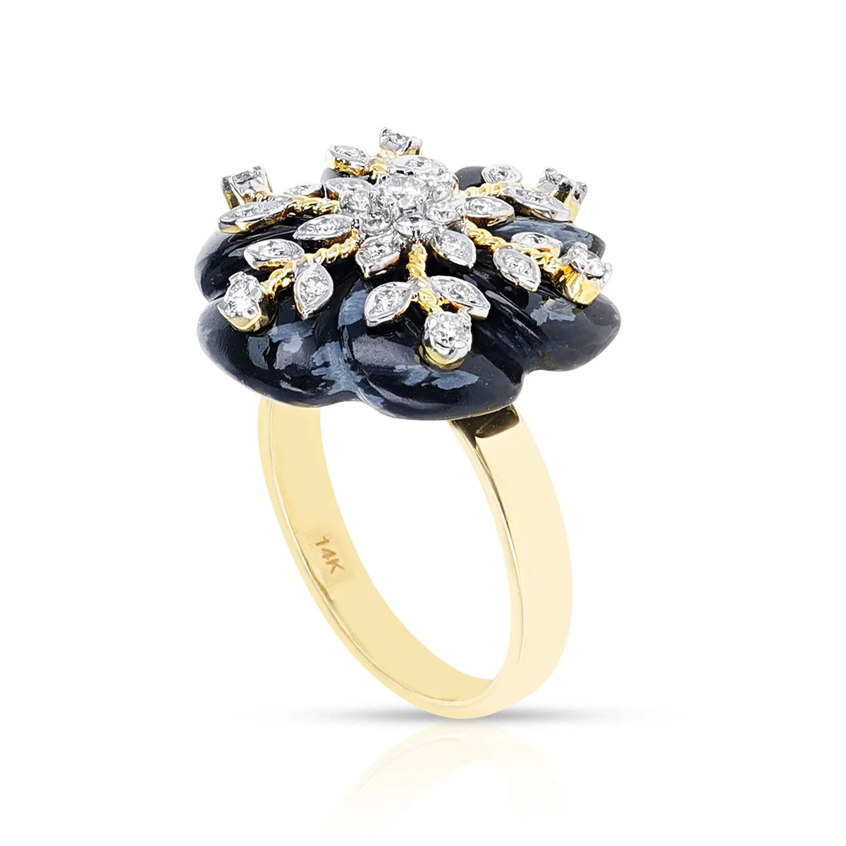 Carved Snowflake Obsidian Ring with Diamonds, 14k