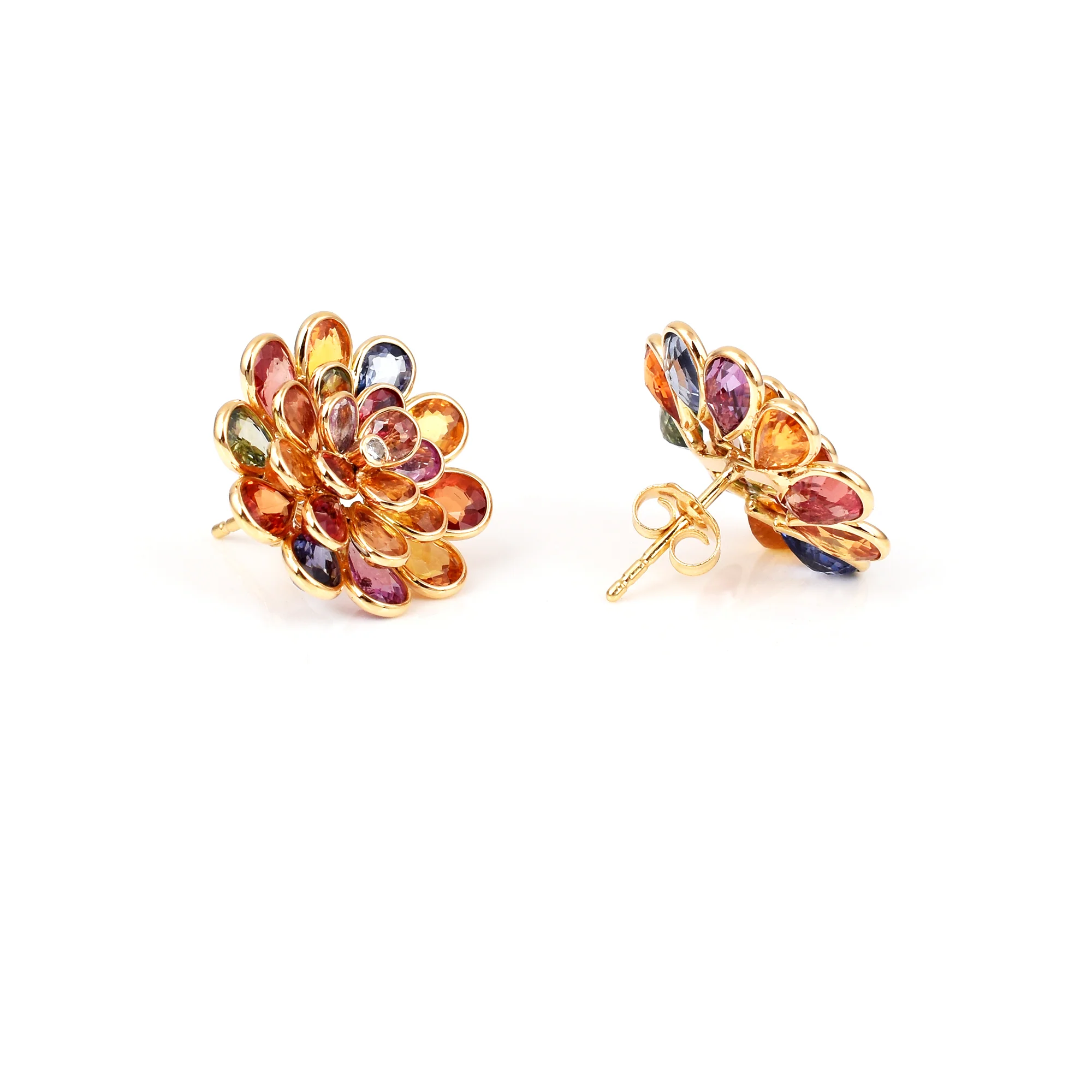 Multi Sapphire Pear Shape Bezel Set Floral Earrings,18k Yellow Gold
