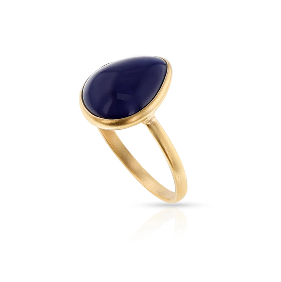 Pear Cabochon Iolite Matte Finish Statement Ring, 18K