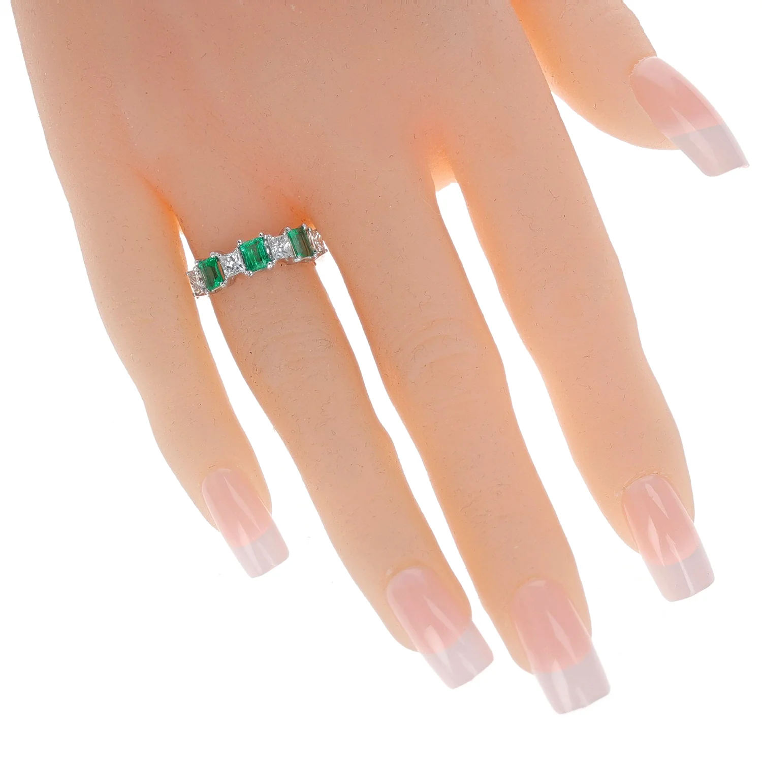 Emerald and Diamond Half Band Bridal Ring, 18k