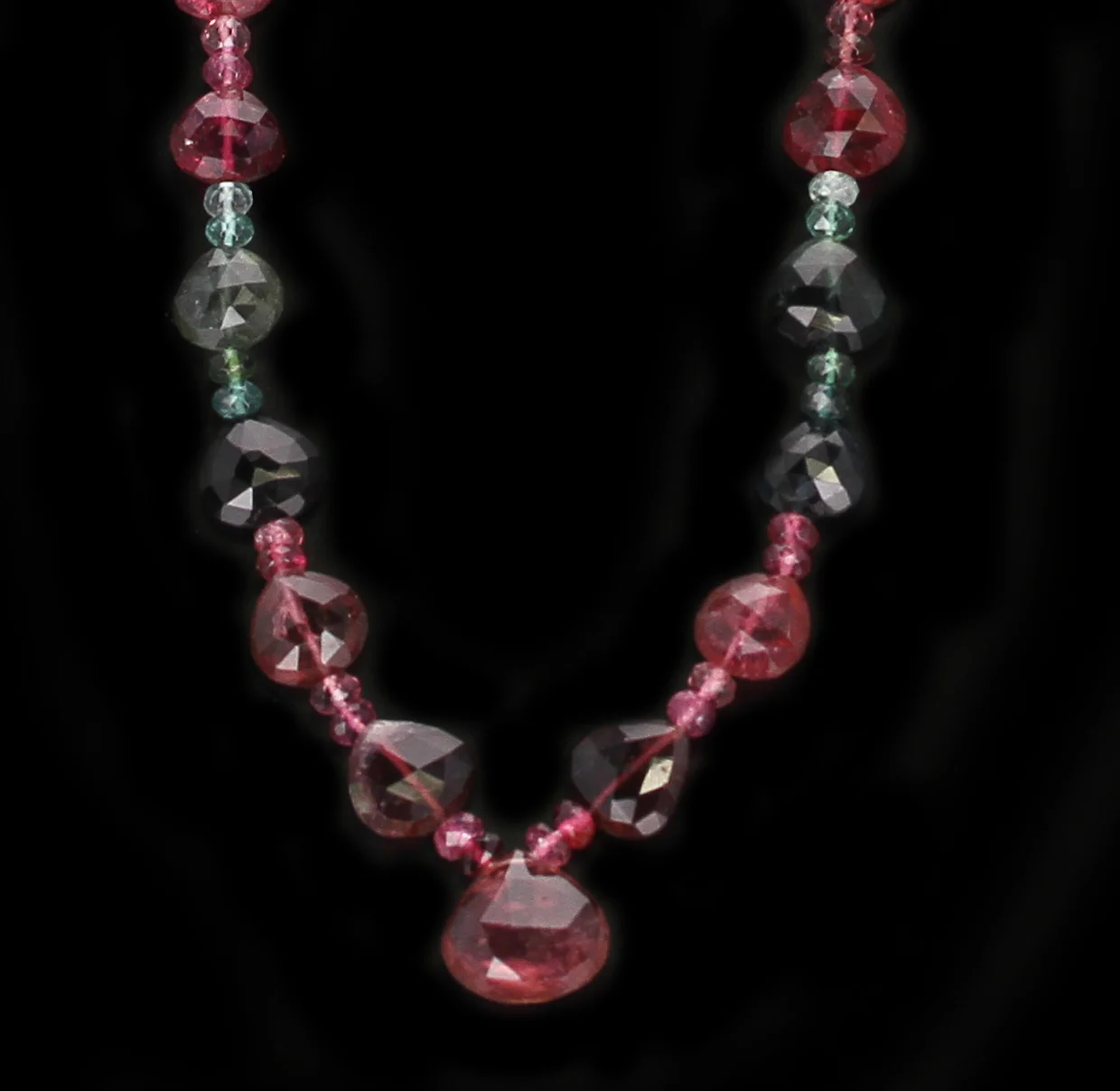 Tourmaline Faceted Drops with Beads Necklace, Gold Plated Clasp