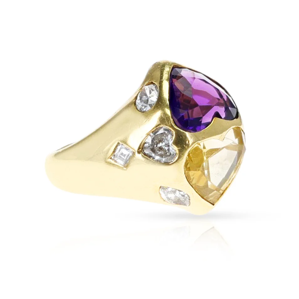 GIA Certified Heart Shape Natural Yellow Sapphire and Amethyst Twin Ring with Diamonds