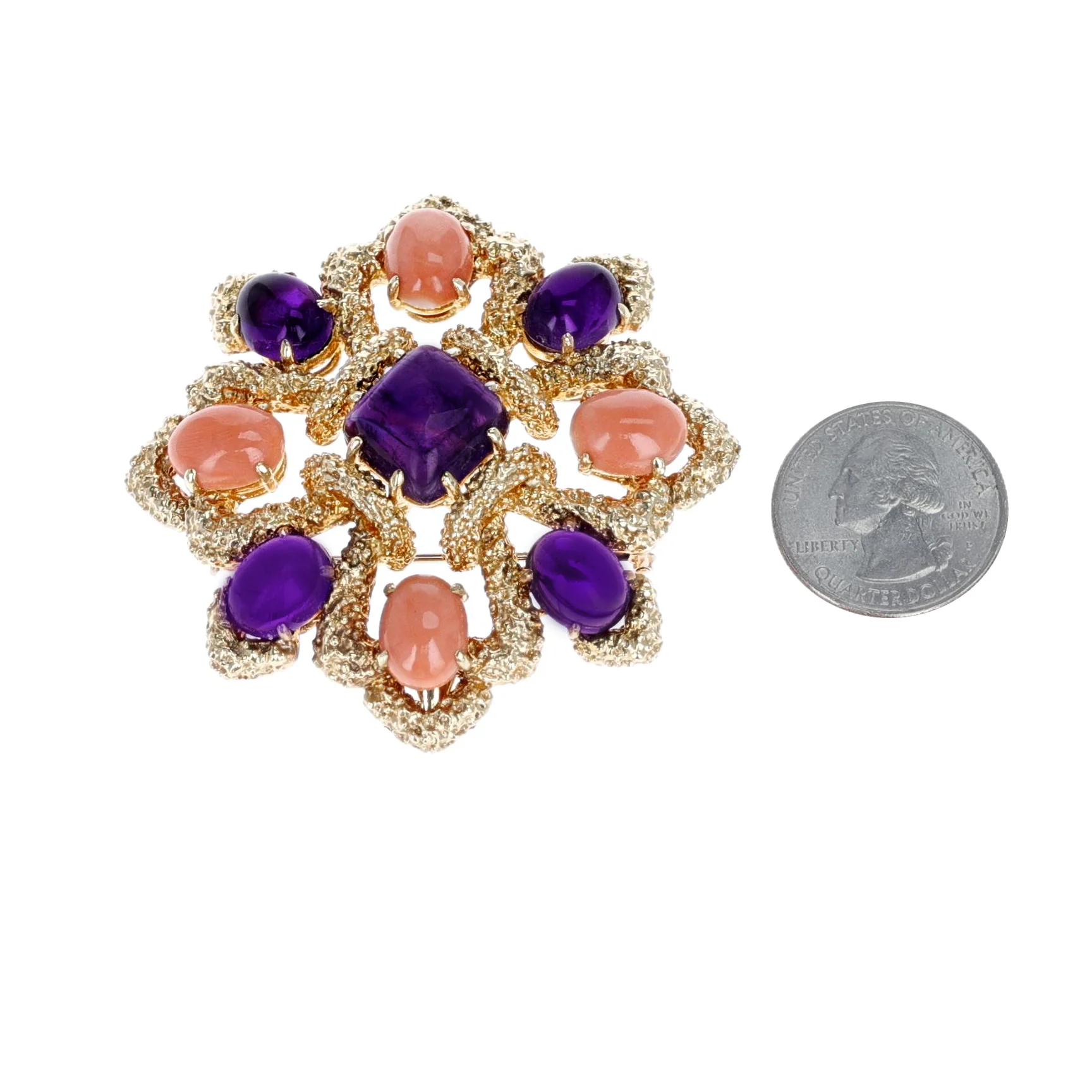 Van Cleef & Arpels Amethyst and Coral Cabochon Brooch, 18K Yellow Gold