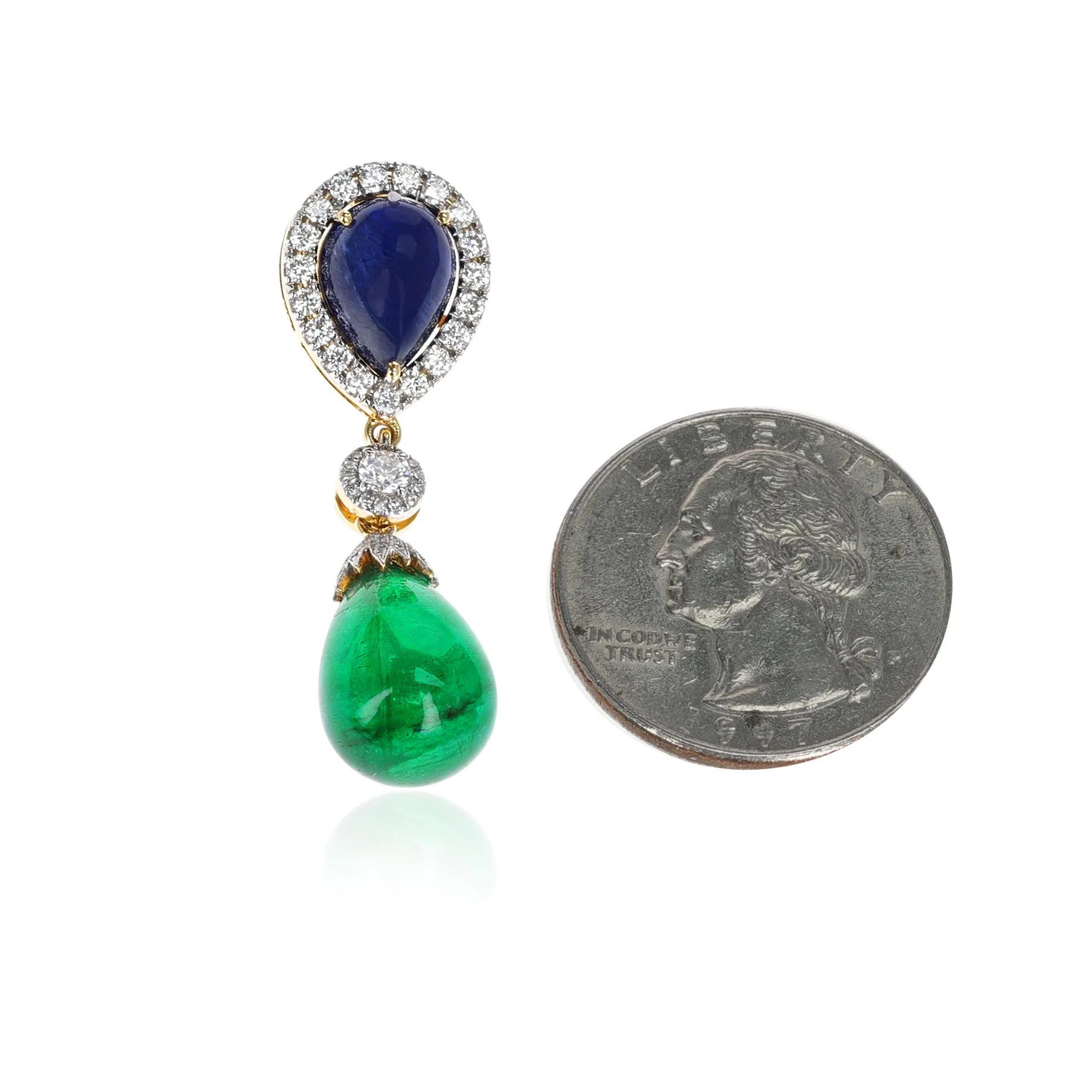 Pear Shape Sapphire and Emerald Drop Pendant with Diamonds, 18K