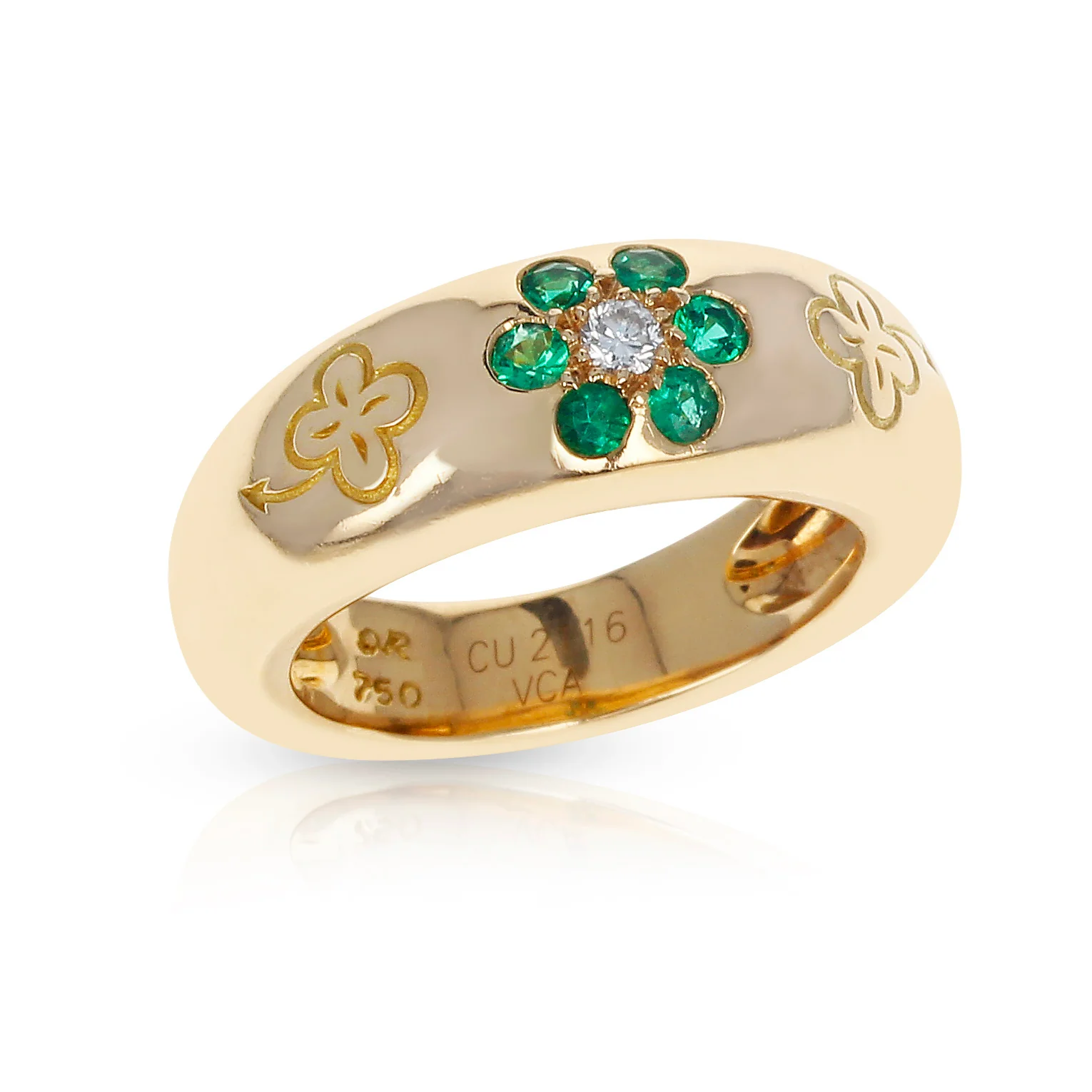 Van Cleef & Arpels Emerald and Diamond Floral Ring with Alhambra Design, 18K