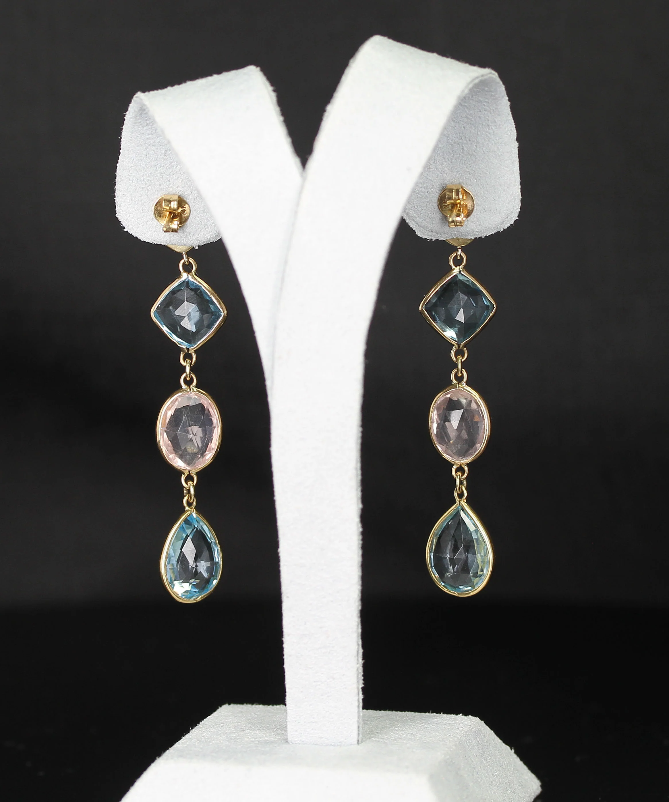 Rose Quartz and Blue Topaz Earrings with Diamonds, 18K Yellow