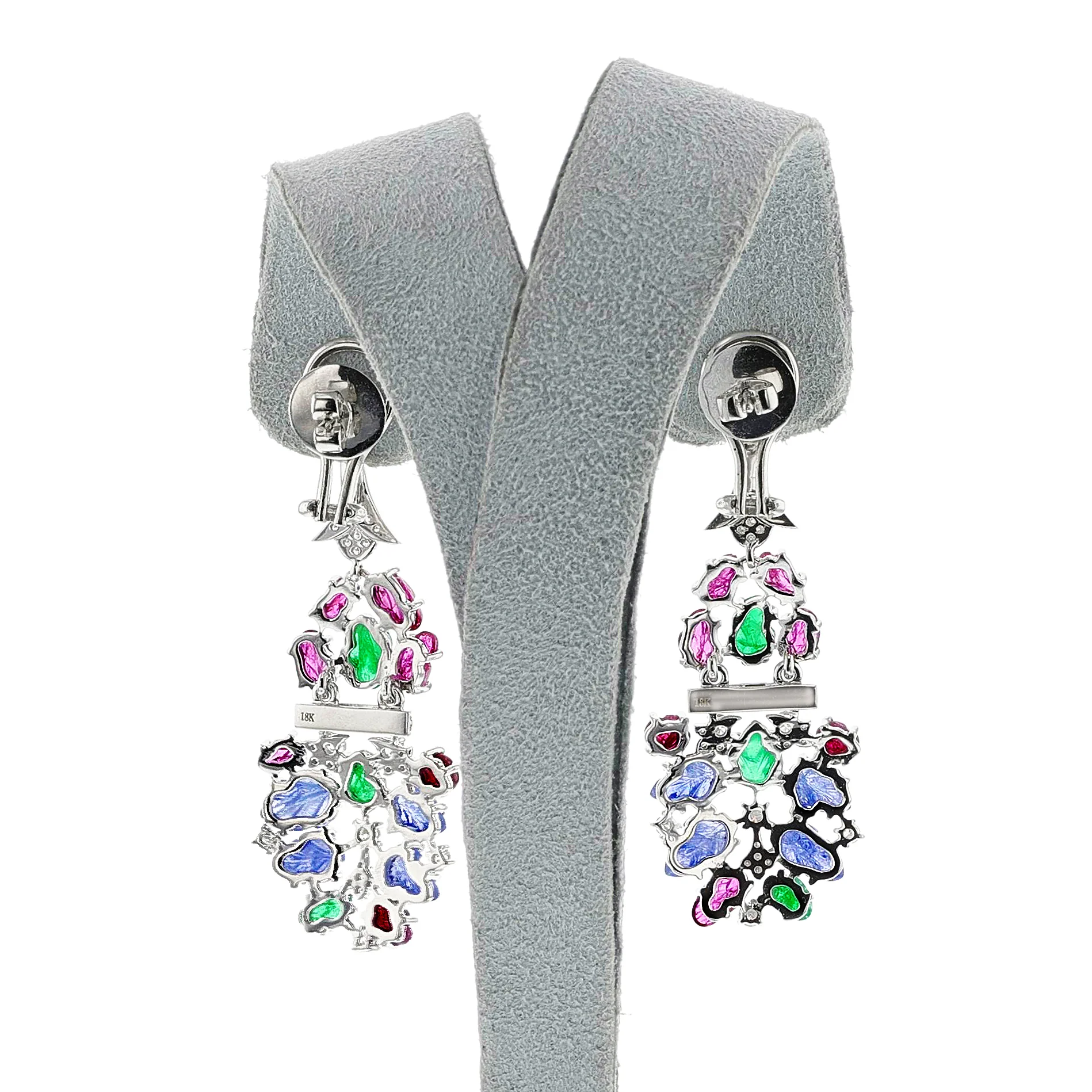 Carved Ruby, Emerald, Sapphire and Diamond Dangling Earrings, 18k