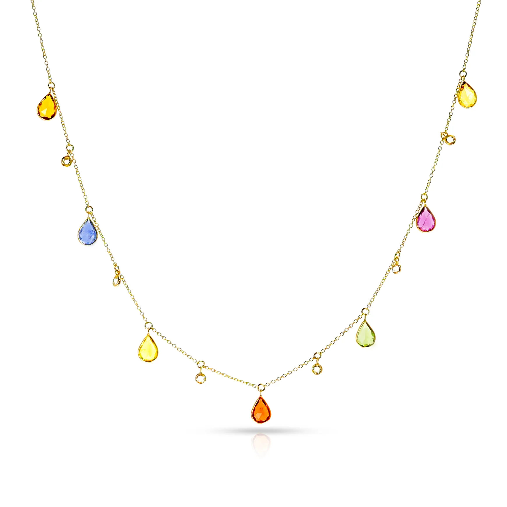 Pear Shape Multi-Sapphire and Diamond Rose Cut Drops Necklace, 18K