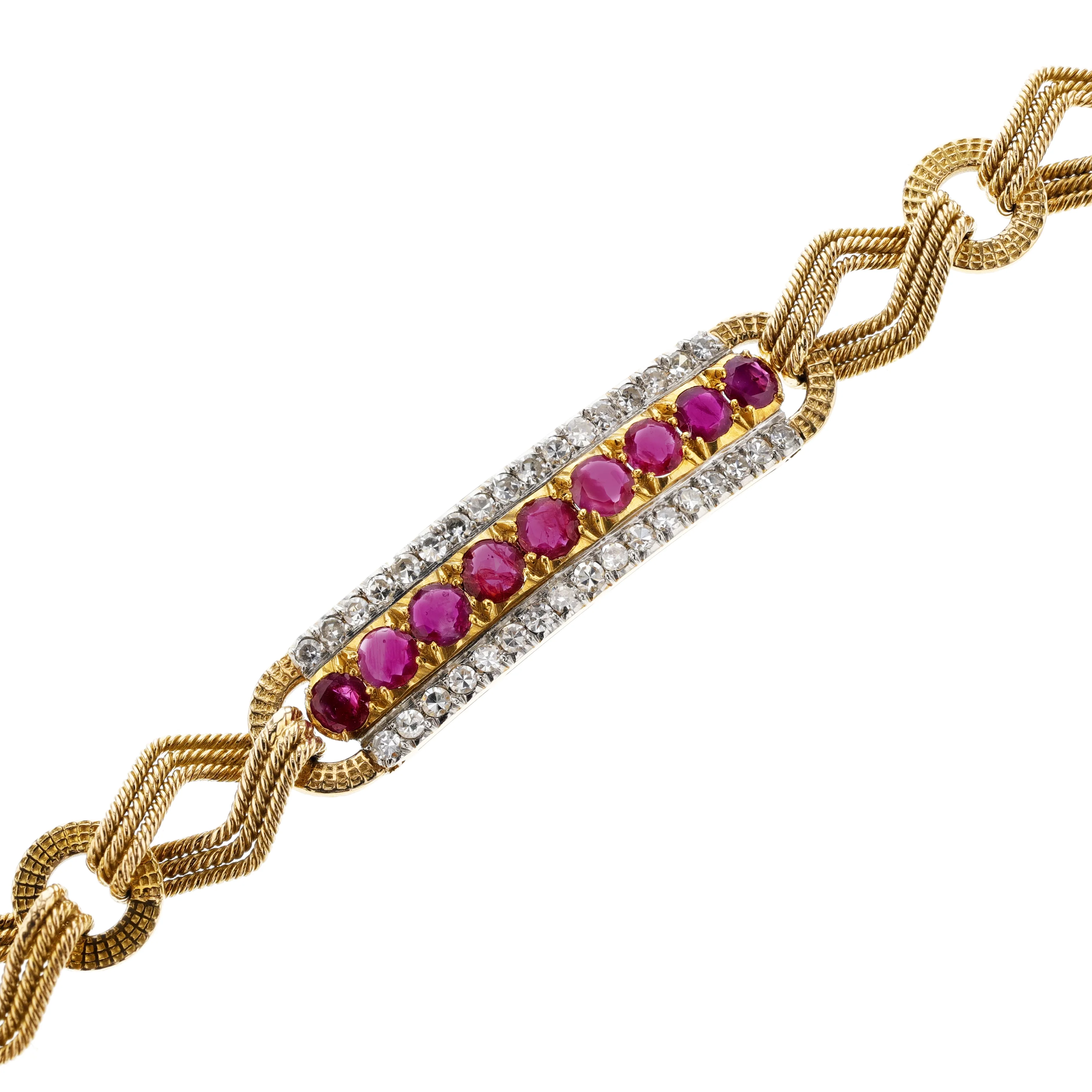 Natural Unheated Burma Ruby and Diamond 18K Yellow Gold Bracelet
