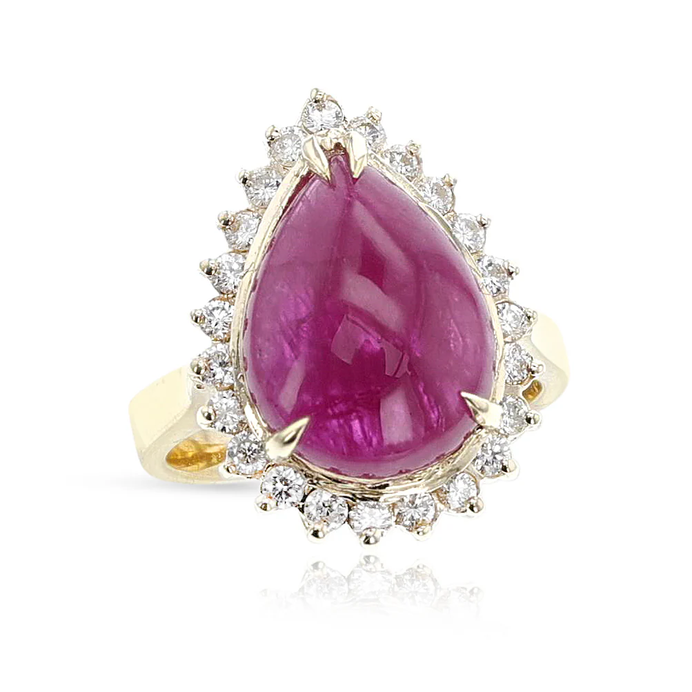 Pear Ruby Cabochon and Diamond Ring, 14k