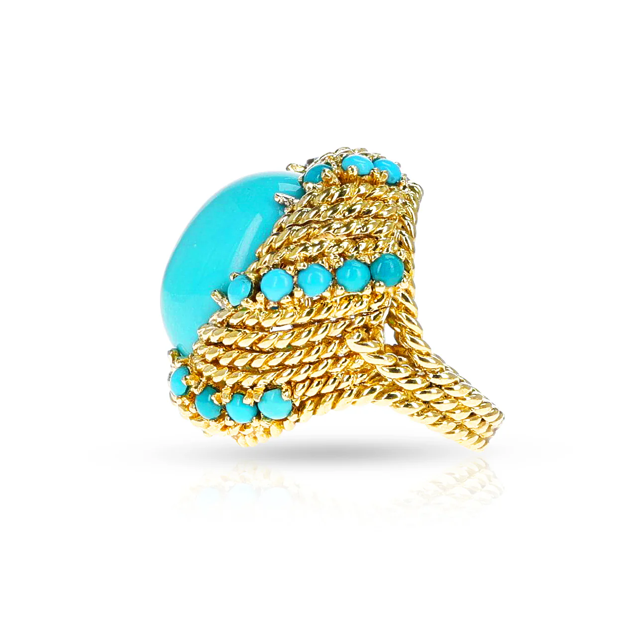 Turquoise Cabochon Cocktail Ring with Rope-Work Gold, 18k