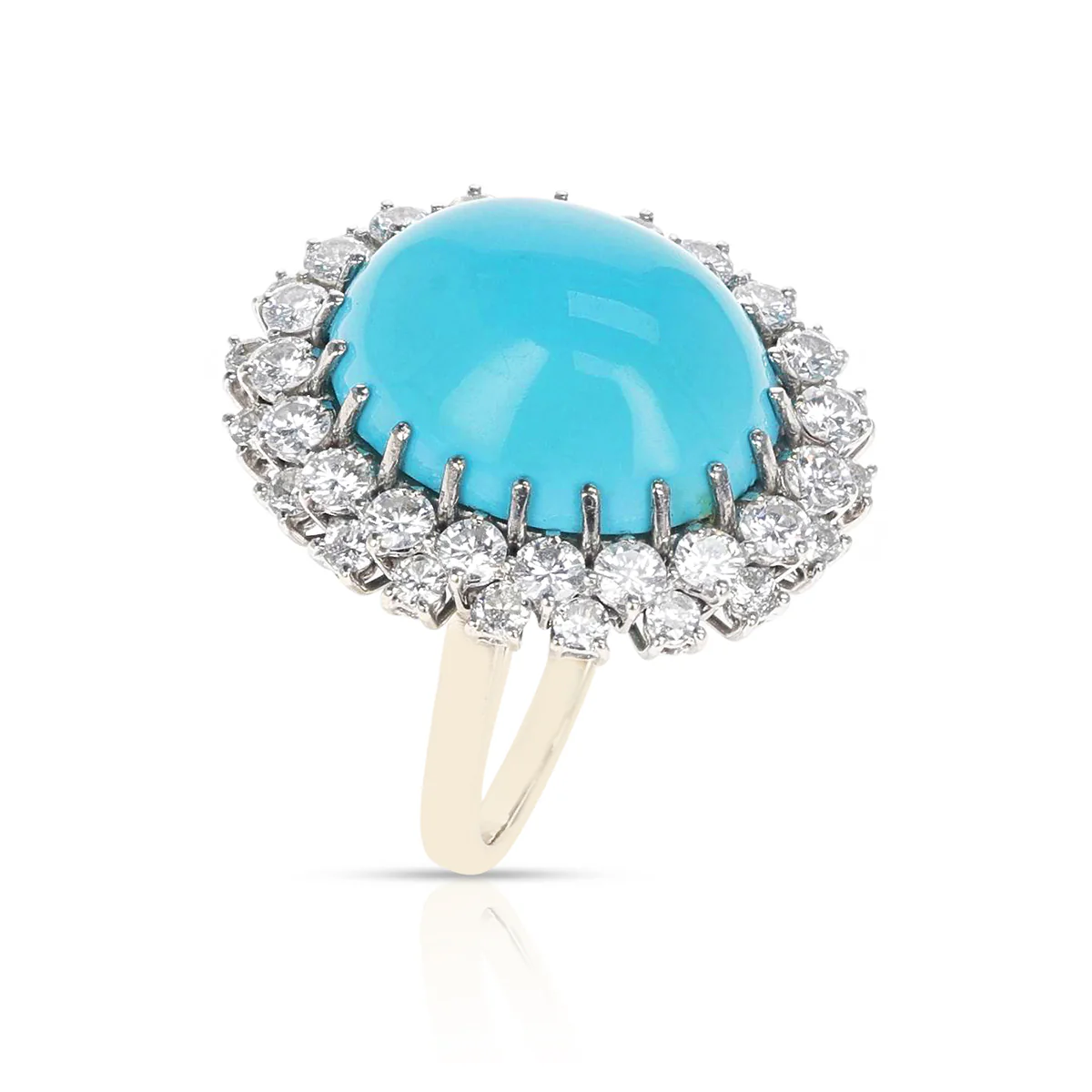 Turquoise Cabochon Ring accented with 1.60 ct. Round Diamonds, French Marks
