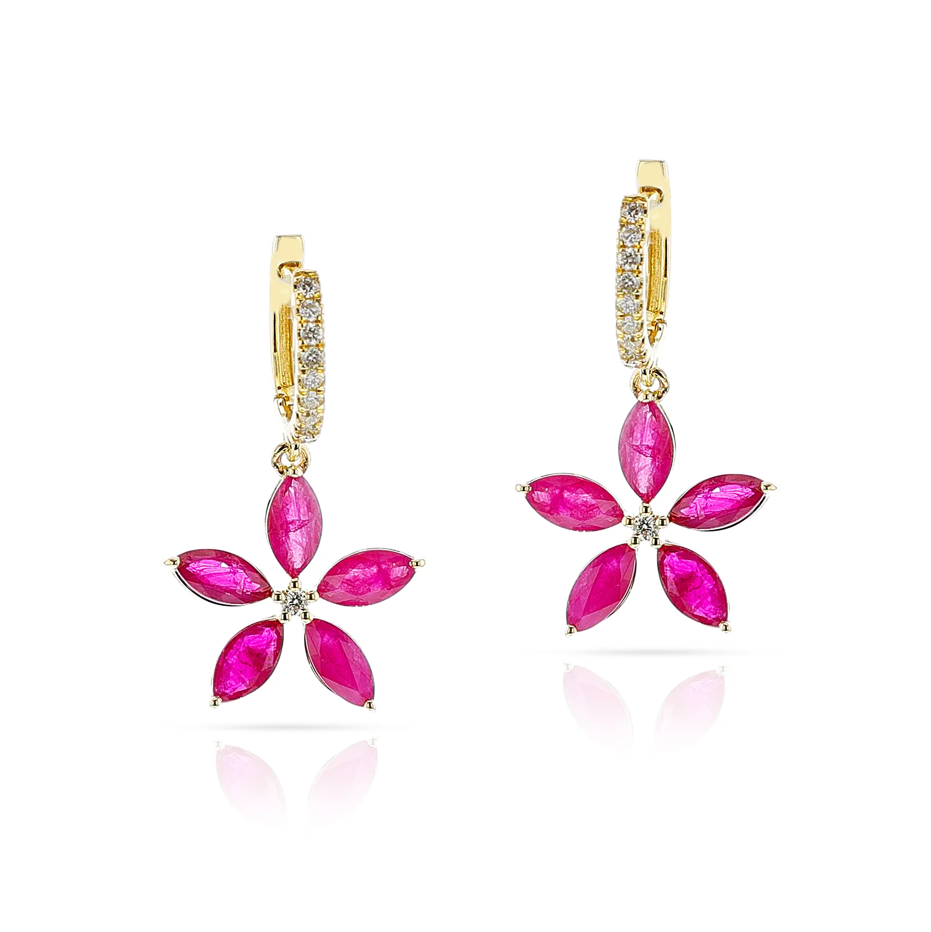 Marquise Floral Ruby and Diamond Hoop Earrings, 18k