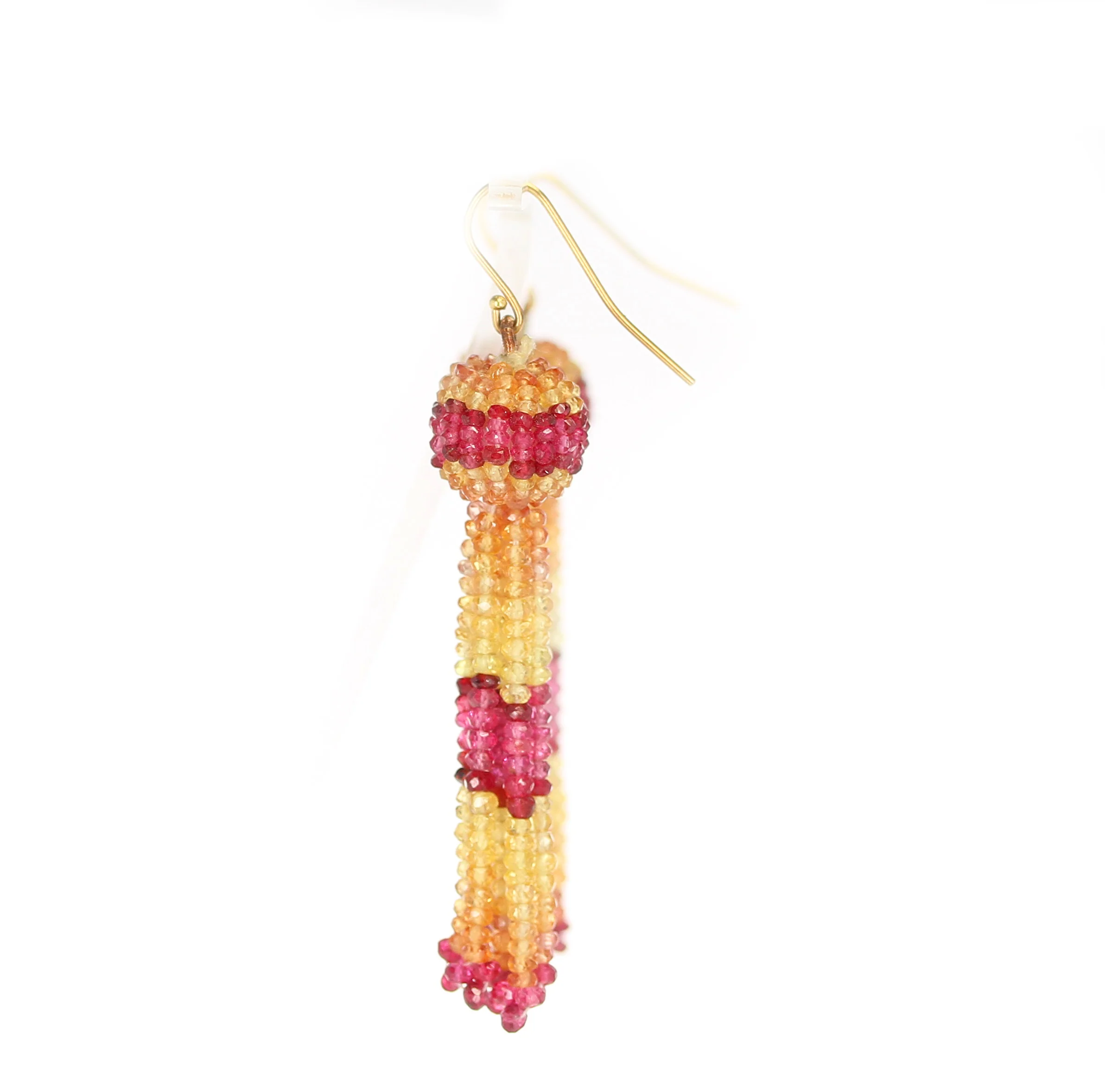 Yellow and Orange Sapphire with Spinel Faceted Beads Tassel Earring, Yellow Gold