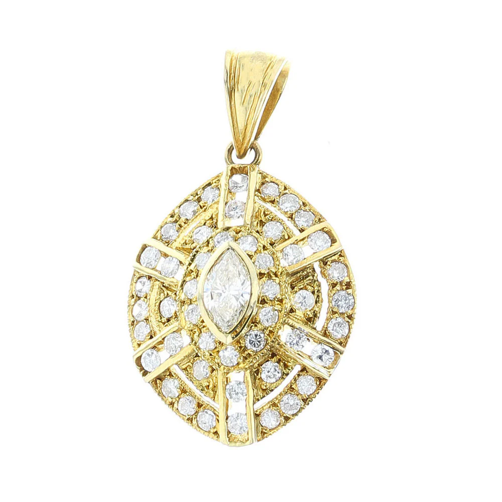 Curved Diamond and Yellow Gold Pendant, 14K- Part of Earring Set