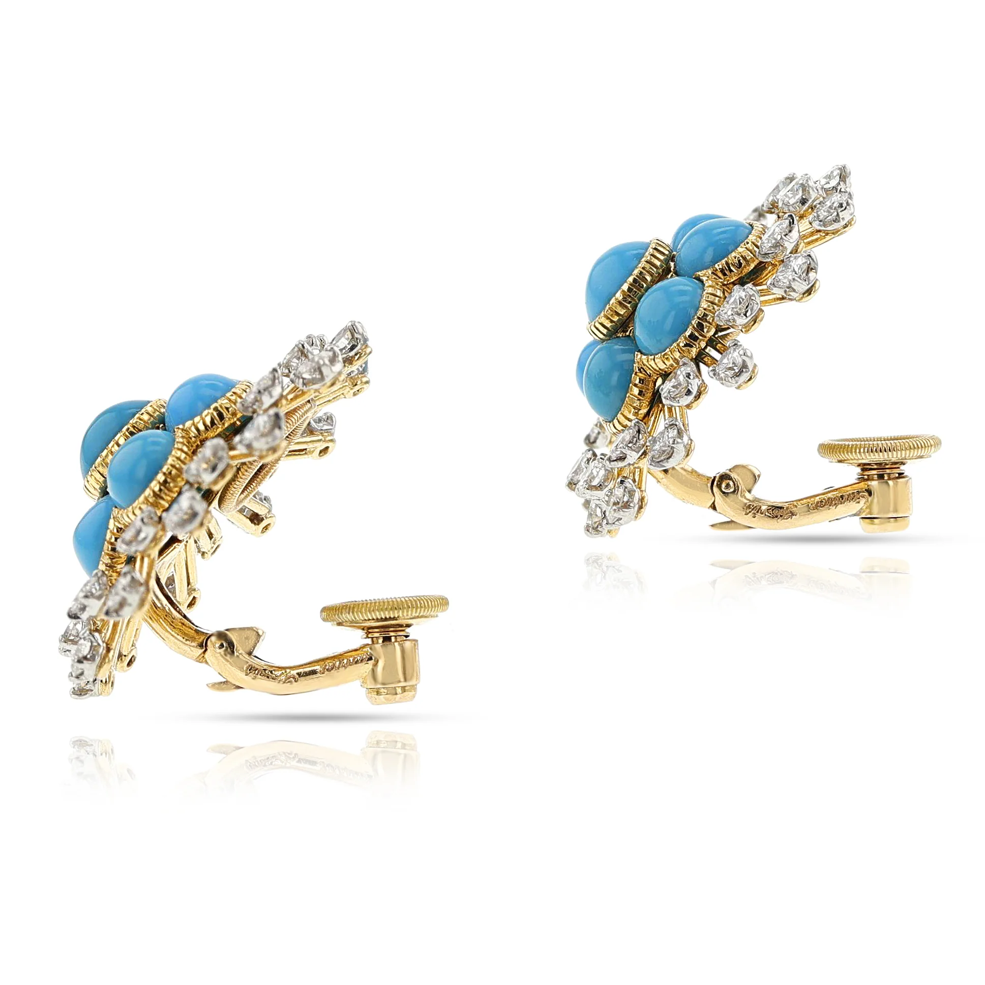 Cartier Paris Turquoise Cabochon Floral Earrings, 18k and Platinum