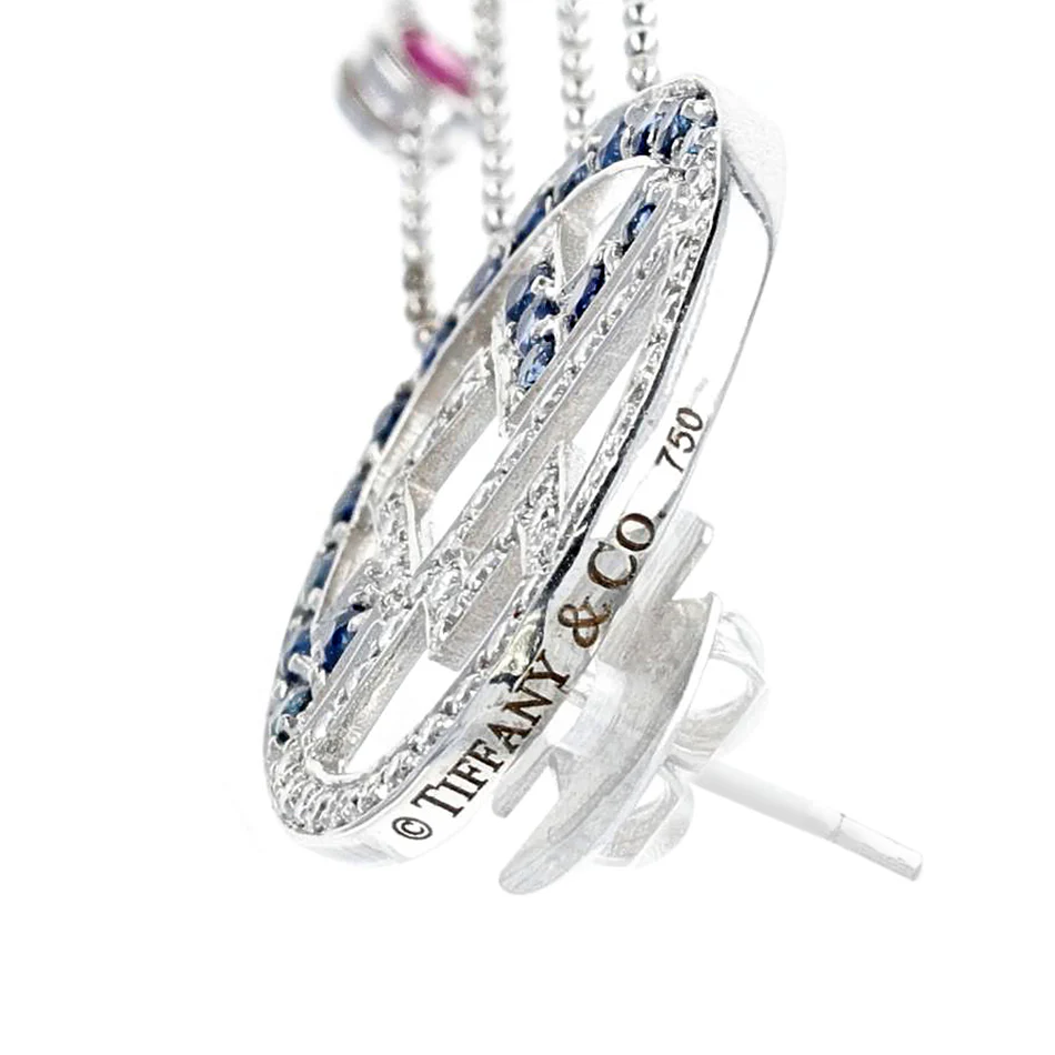 Tiffany Dangling Earrings with Ruby, Sapphire and Diamonds, 18 Karat Gold