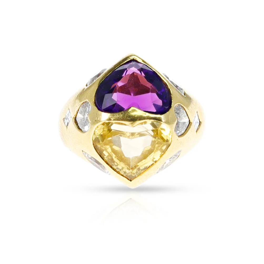 GIA Certified Heart Shape Natural Yellow Sapphire and Amethyst Twin Ring with Diamonds