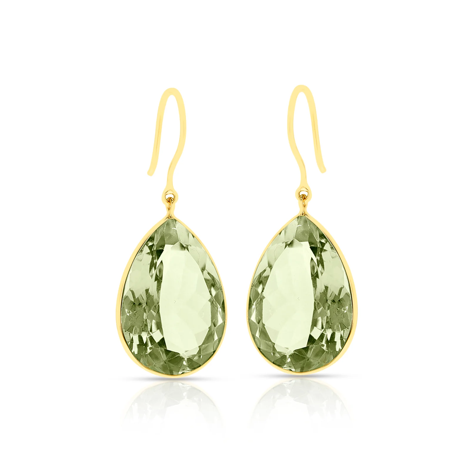 Green Amethyst Pear Cushion Cut Shape Dangling Earrings made in 18 Karat Yellow Gold.