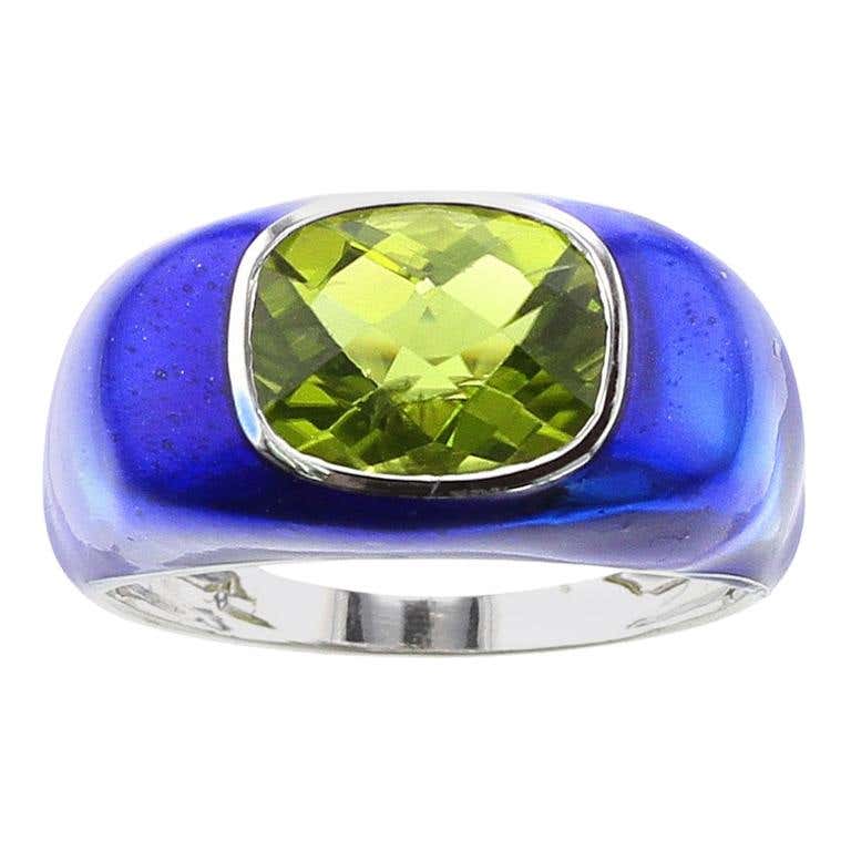 Blue Enamel and Peridot Ring, White Gold
