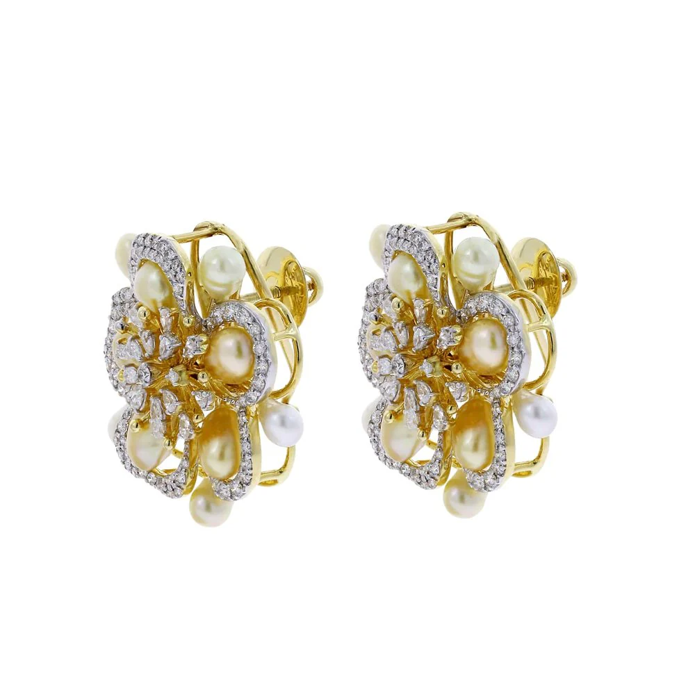 Fine Floral Pearl and Diamond Earrings, 18K Yellow Gold