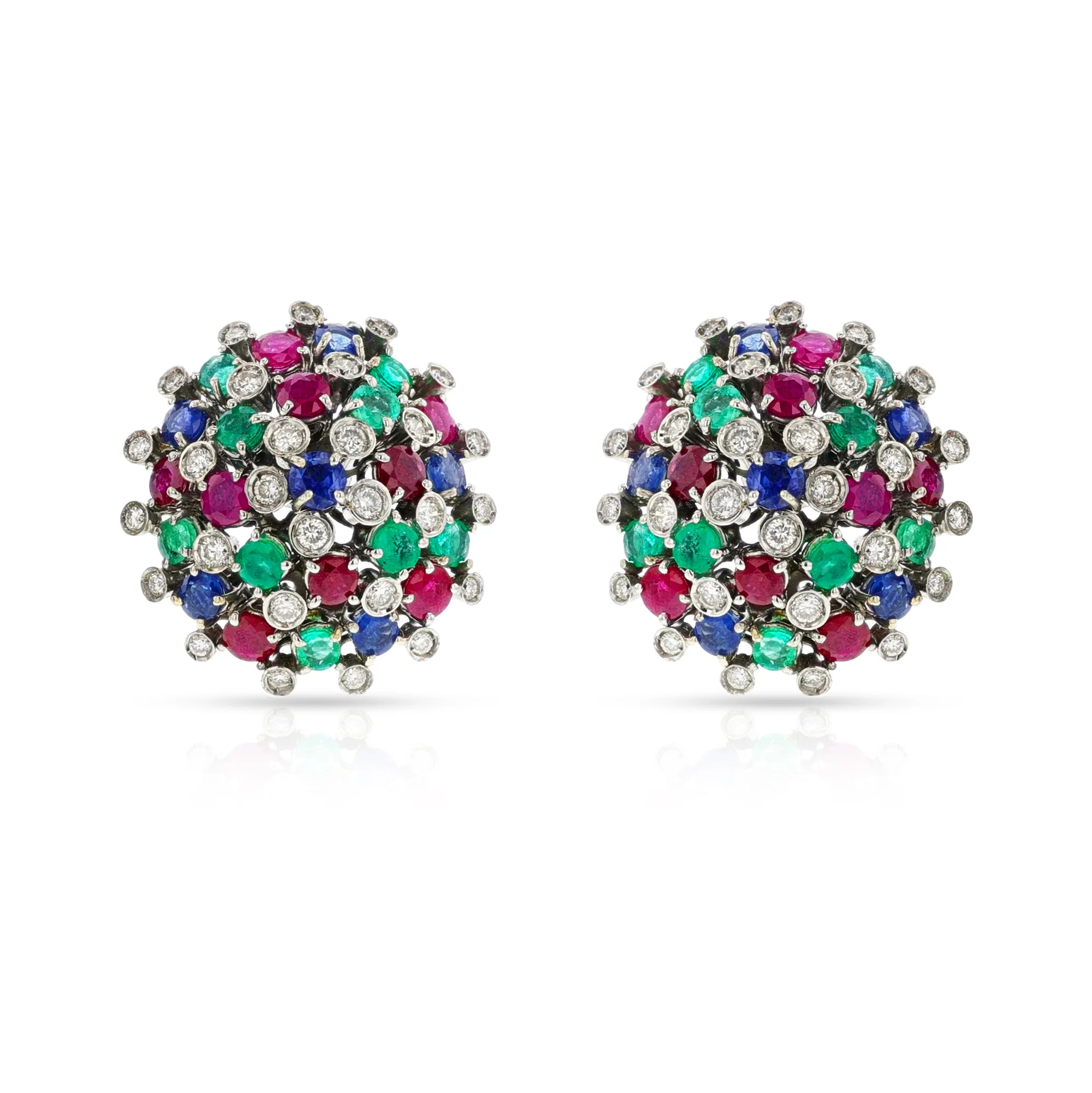 Round Ruby, Emerald, Sapphire and Diamond Dome Earrings, 18k