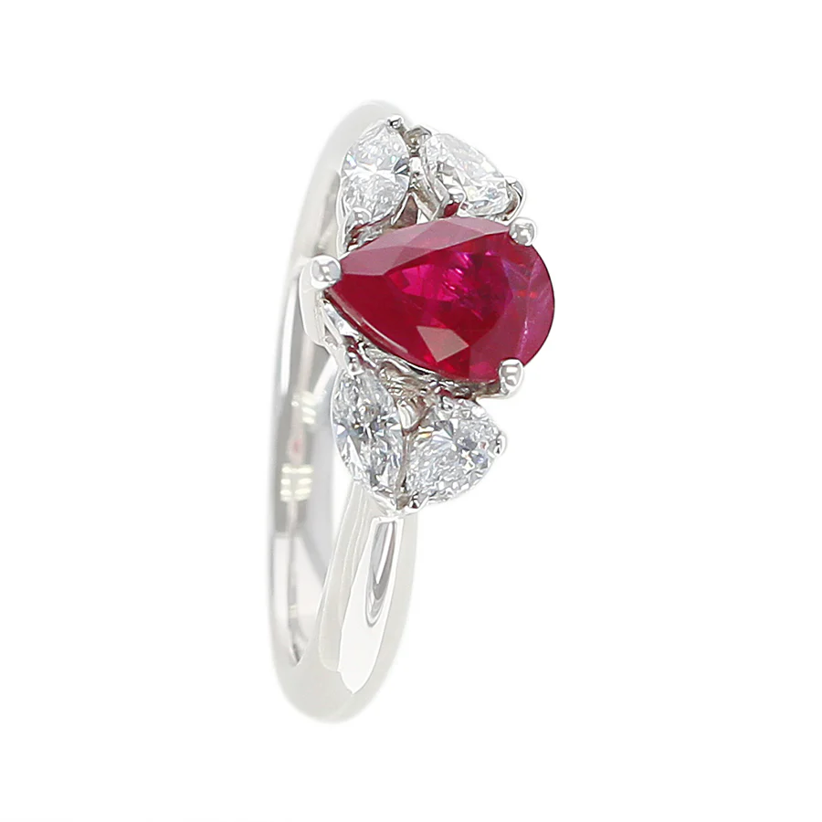 Pear Shape Ruby and Diamond Three Stone Ring, Platinum