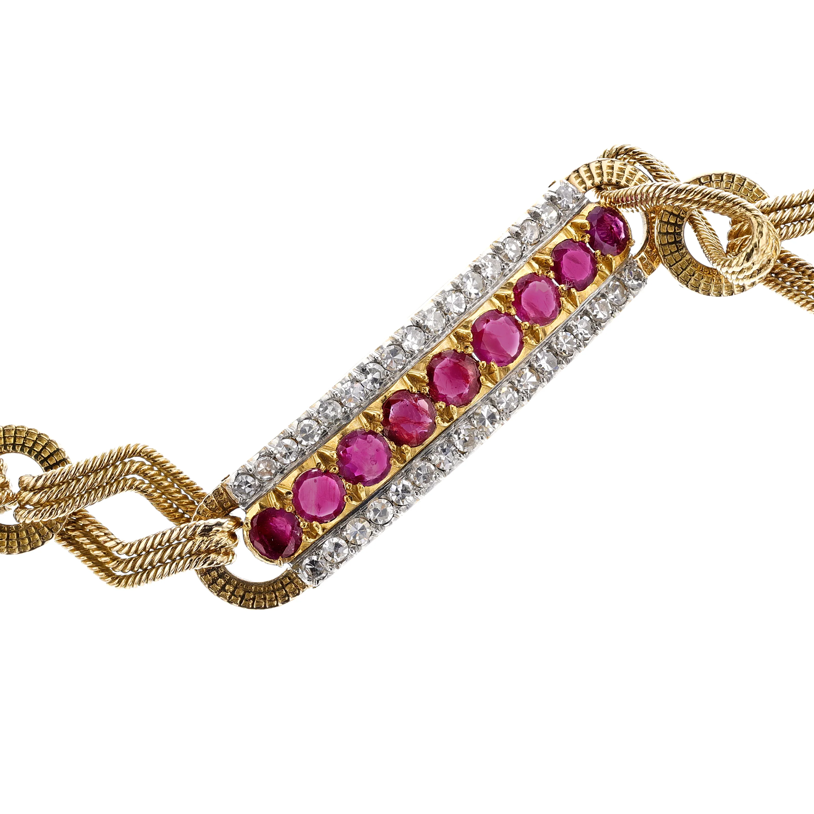Natural Unheated Burma Ruby and Diamond 18K Yellow Gold Bracelet
