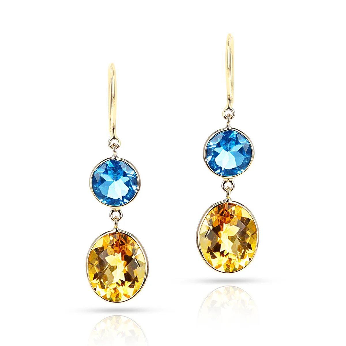 Blue Topaz and Citrine Round and Oval Shape Dangling Earrings made in 18 Karat Yellow Gold.