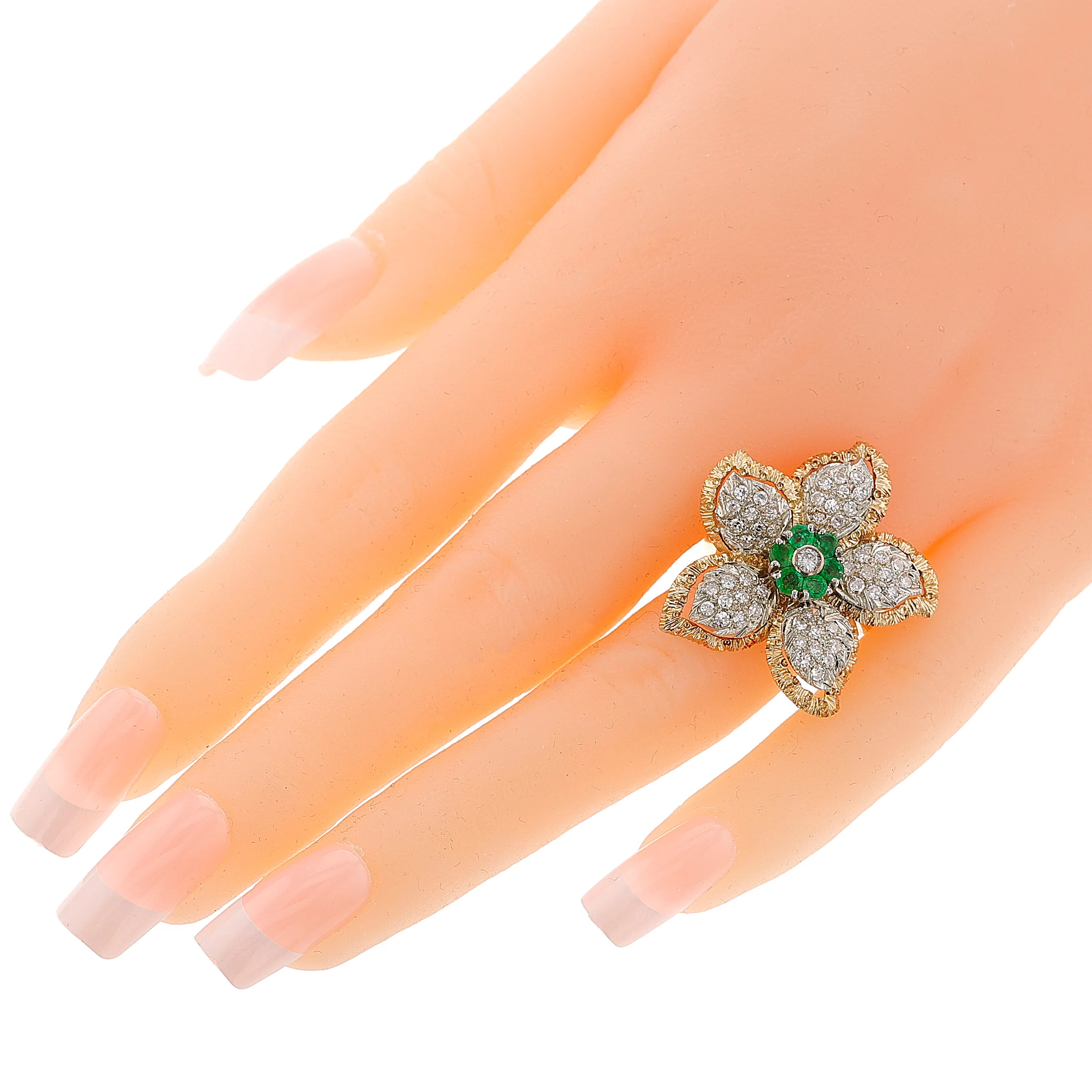 Floral Diamond and Emerald Earring, Ring, Pendant Set, 18k