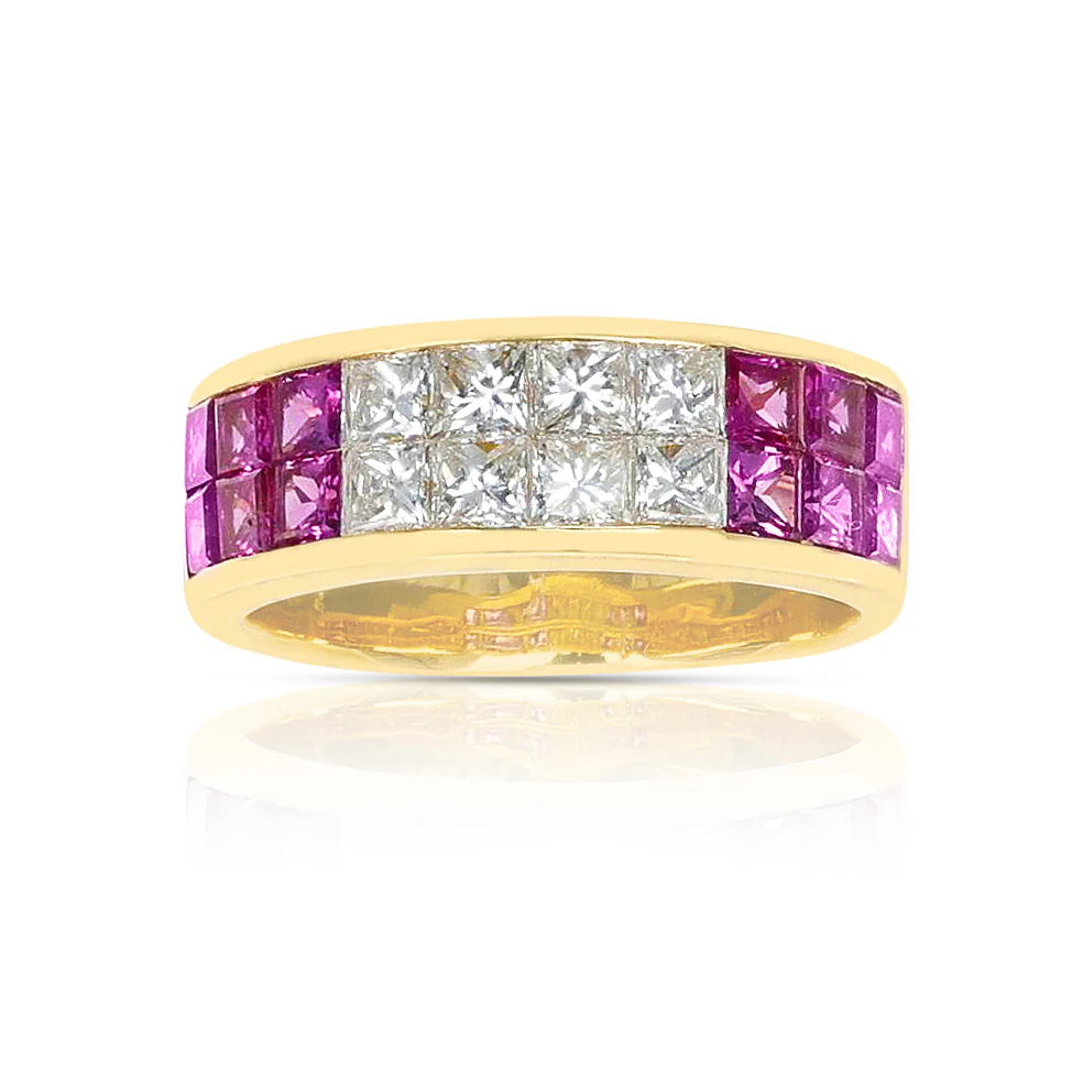 Pink Sapphire and Diamond Invisibly Set Ring, 18K