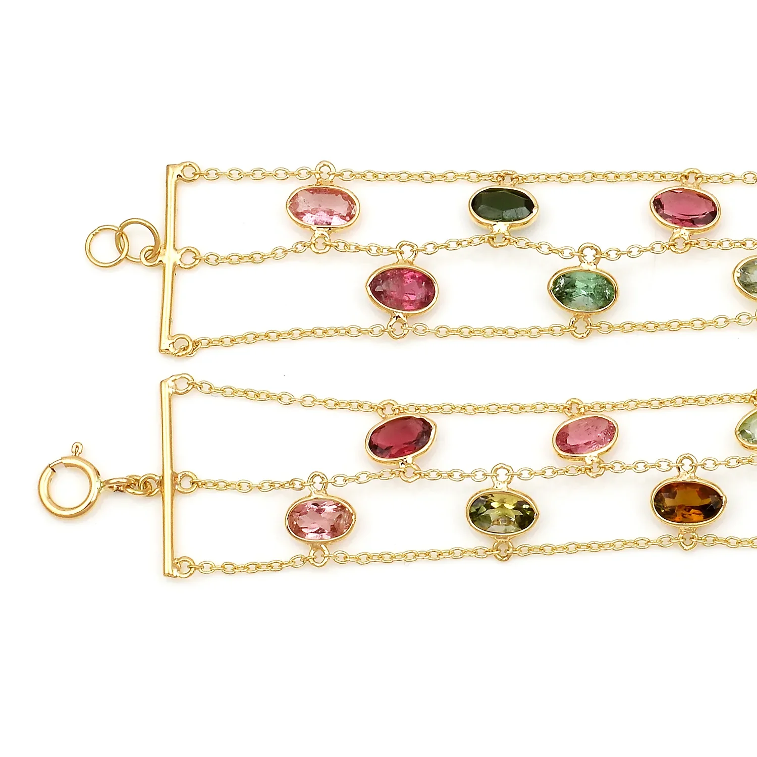 Oval Emerald, Ruby, Sapphire Double Line Adjustable Bracelet, 18k Yellow Gold