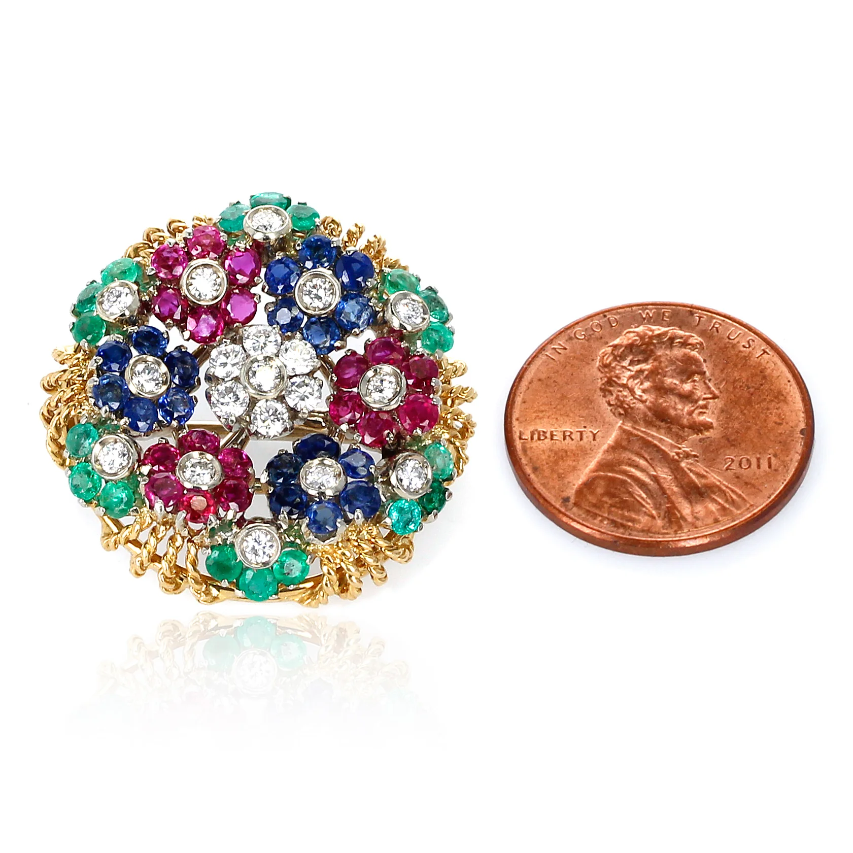 Ruby, Sapphire, Emerald and Diamond Circular Floral Design Brooch, 14k Gold