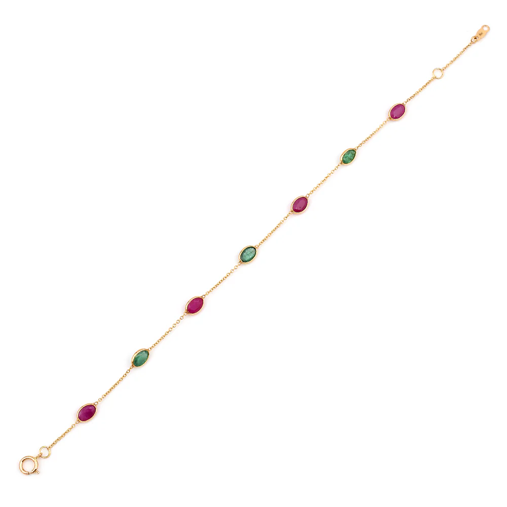 Oval Genuine Ruby and Emerald 18k Yellow Gold Bracelet