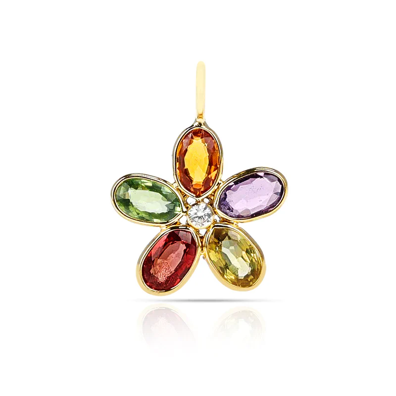 Gemstone Floral Pendant with Diamond, 18K Yellow Gold