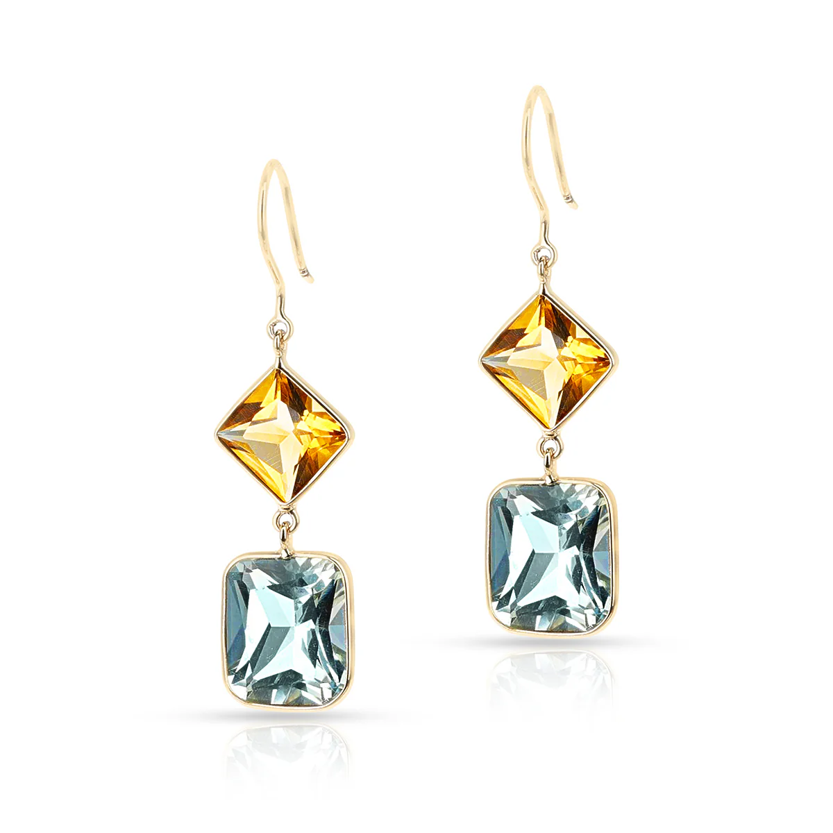 Citrine and Blue Topaz Cushion Shape Dangling Earrings made in 18 Karat Yellow Gold.