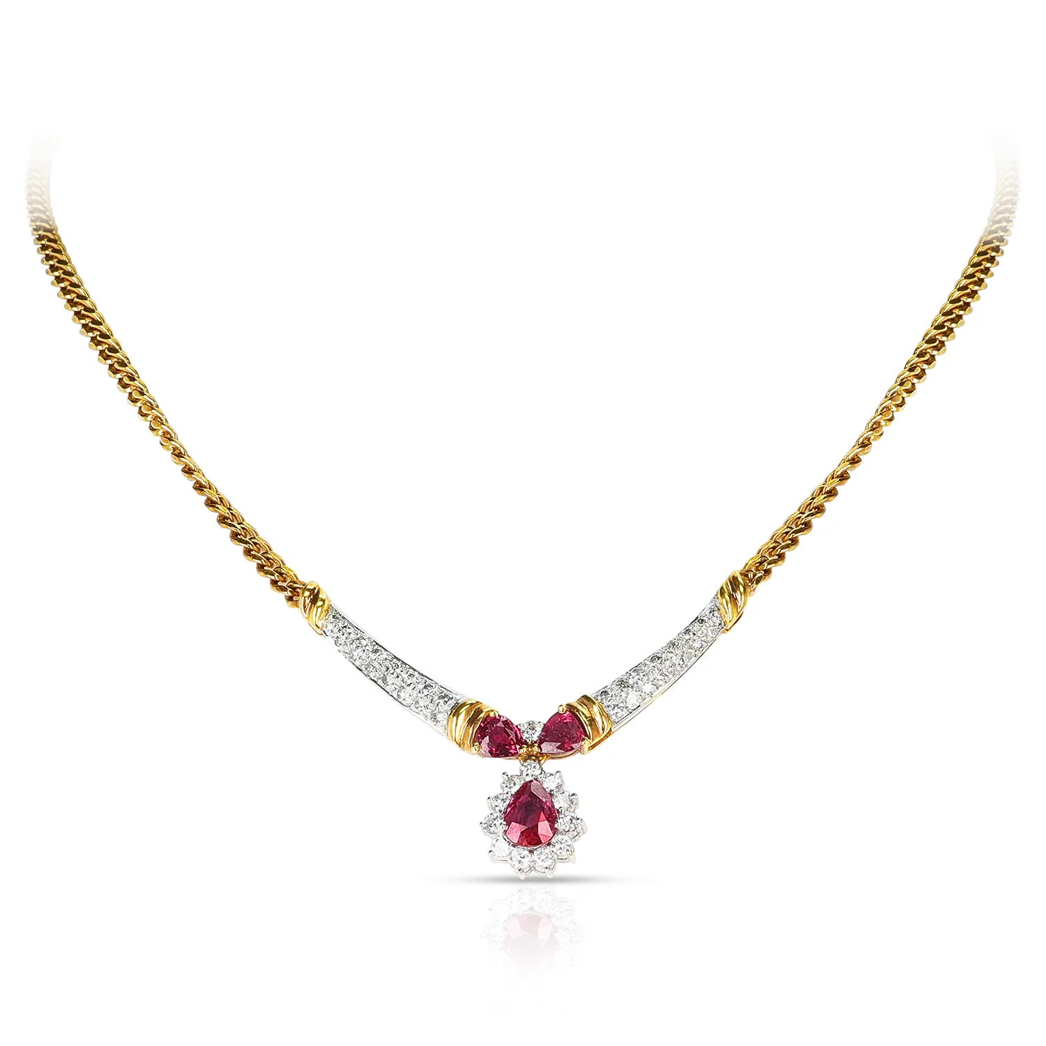 Pear Shape Ruby and Diamond Necklace, 18K Yellow Gold