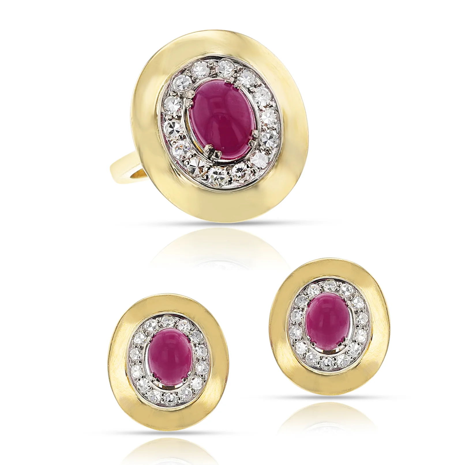 Ruby Cabochon and Diamond Ring and Earring Set, 18k and Palladium