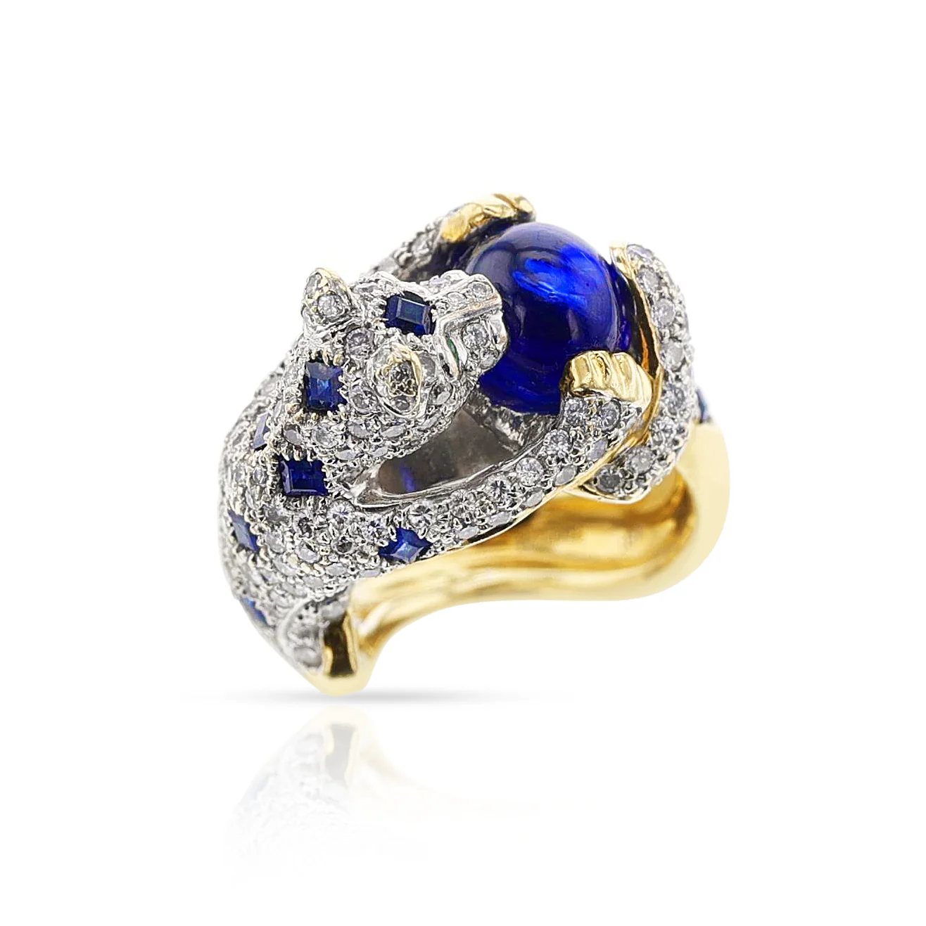 Diamond, Sapphire, and Emerald Panther Ring, 18 Karat Gold