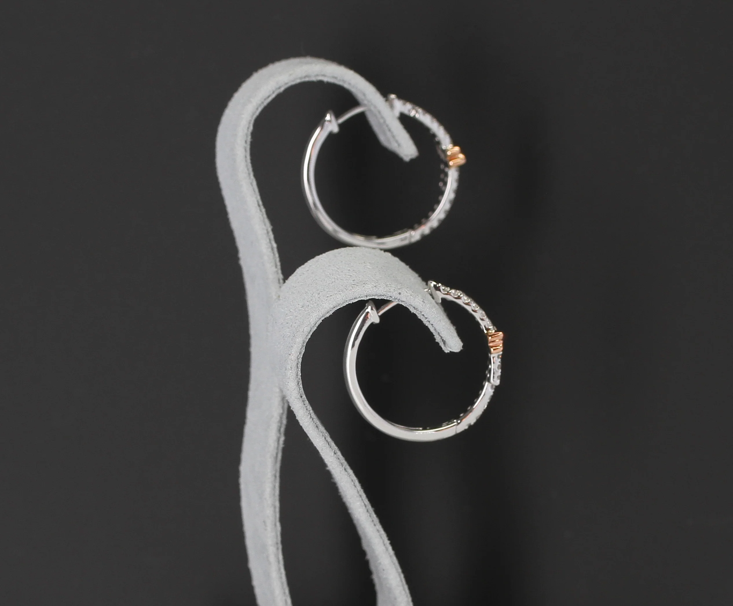 Large White Diamond Hoop Earrings with a Rose Gold Bow, 14K Gold