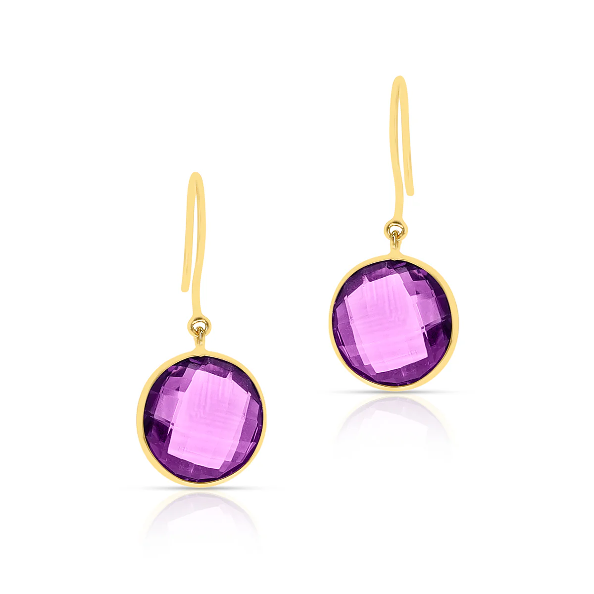 Amethyst Round Shape Dangling Earrings made in 18 Karat Yellow Gold.