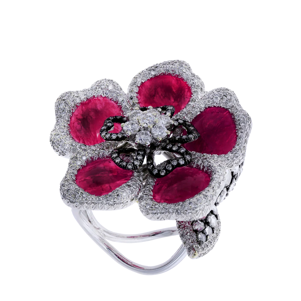 Ruby Petals and Diamond Floral Ring
